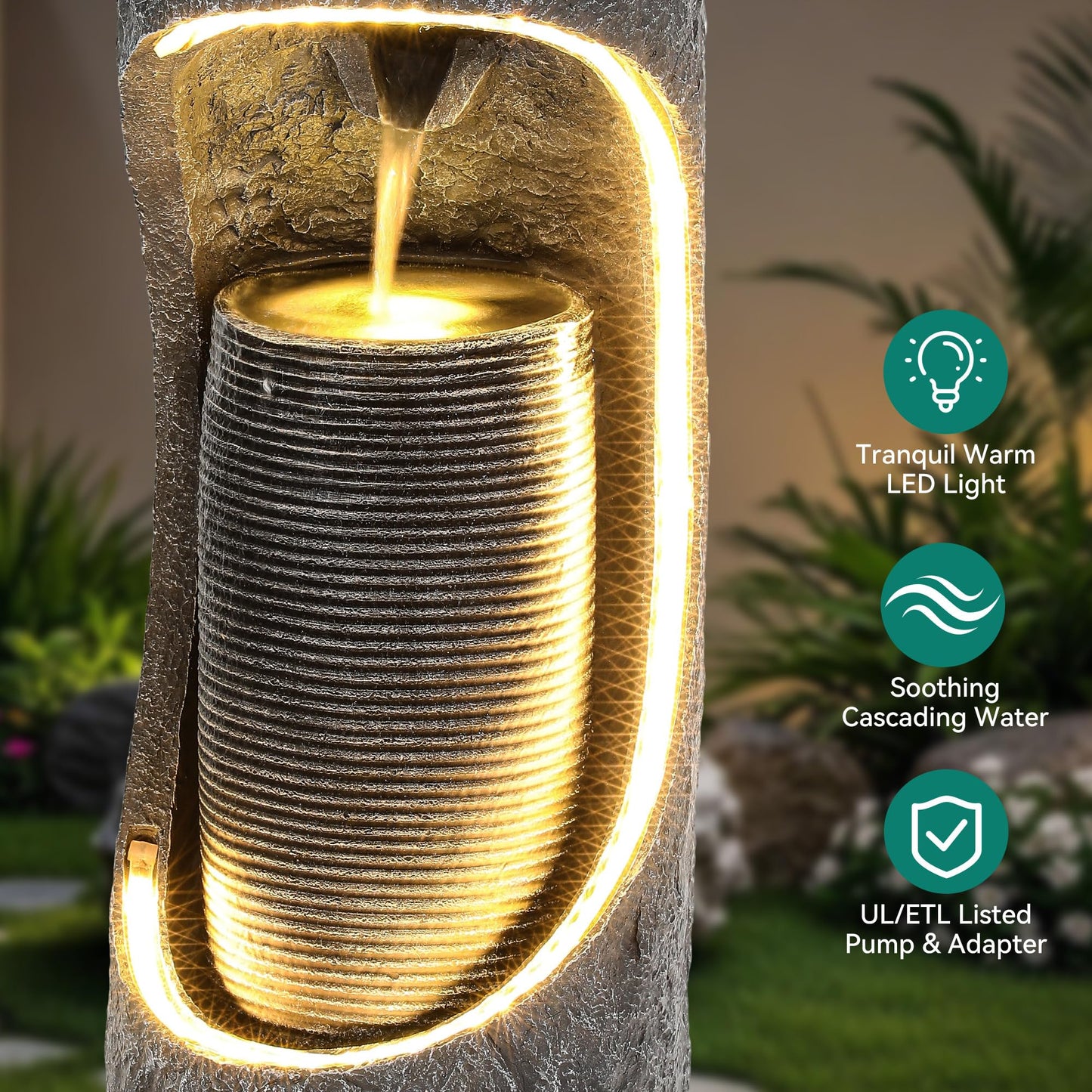 Ultym 40" Tall Outdoor Water Fountain, Dual-Layer Column Garden Fountain with Bird Feeder, Resin Soothing Cascading Waterfall Foutain for Patio, Backyard, Garden or Porch Decor