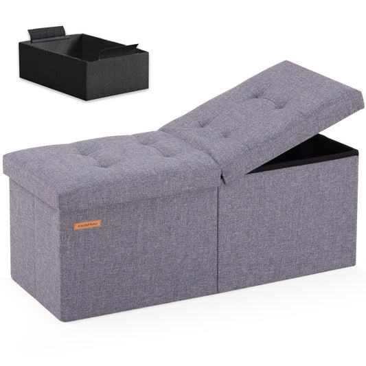 HAUSFRAU 31.5 Inches Ottoman with Storage, Folding Ottoman Bench Small Foot Rest Stool, Bedroom Bench with Flipping Lid, Linen Grey