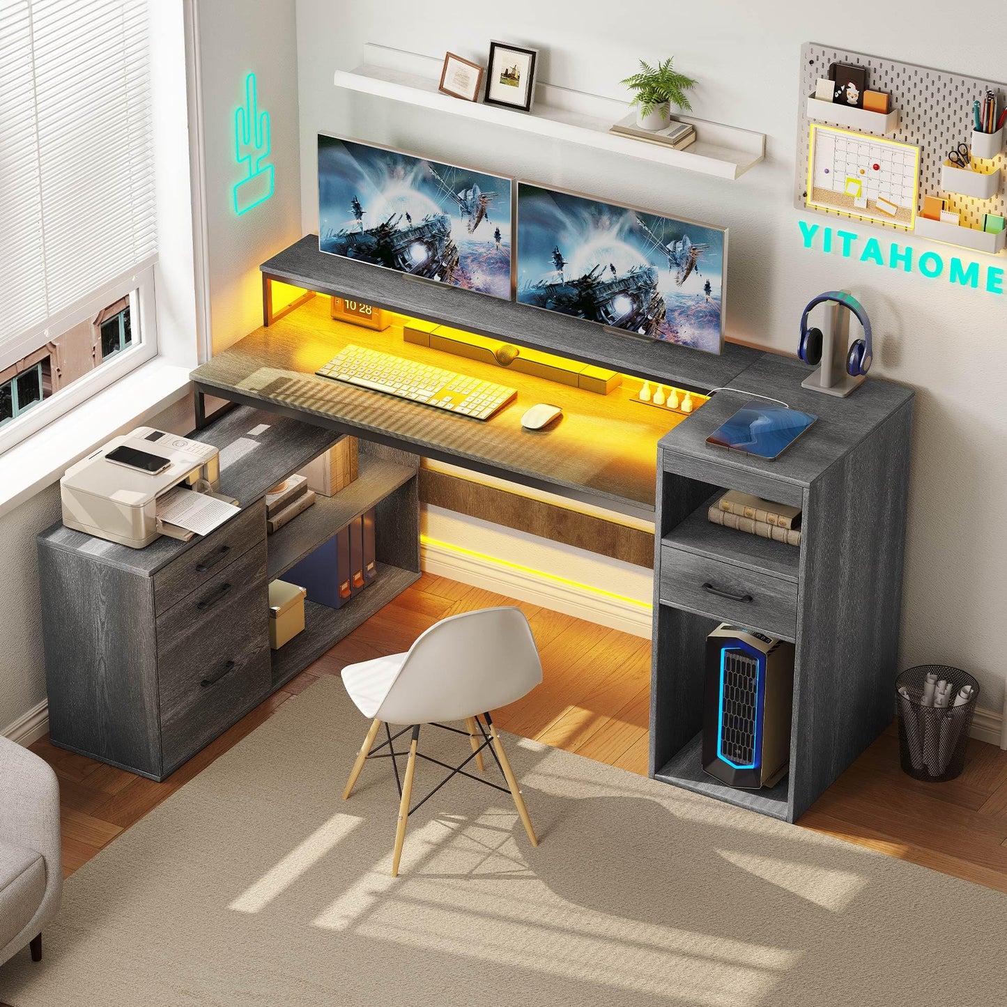 YITAHOME L Shaped Desk with Drawers, 59" Corner Computer Desk with Power Outlets & LED Lights, Farmhouse Wood L-Shaped Desk with File Cabinet, Printer Stand, Host Stand for Home Office, Grey