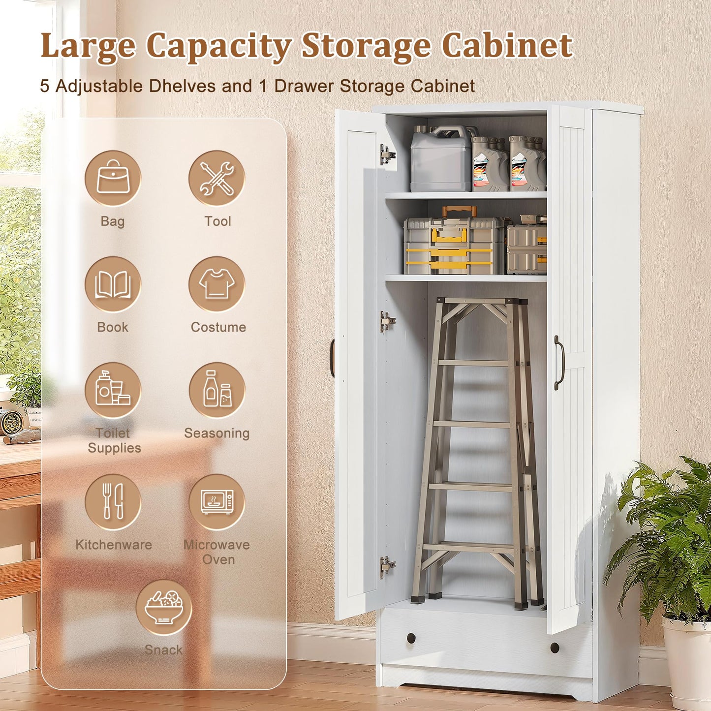 Decofy 70" Tall Storage Cabinets, Large Wood Storage Pantry Cabinet with 6 Adjustable Shelves, Drawer & 2 Striped Doors, Standing Utility Cabinet for Kitchen, Dining Room, Bathroom (White)
