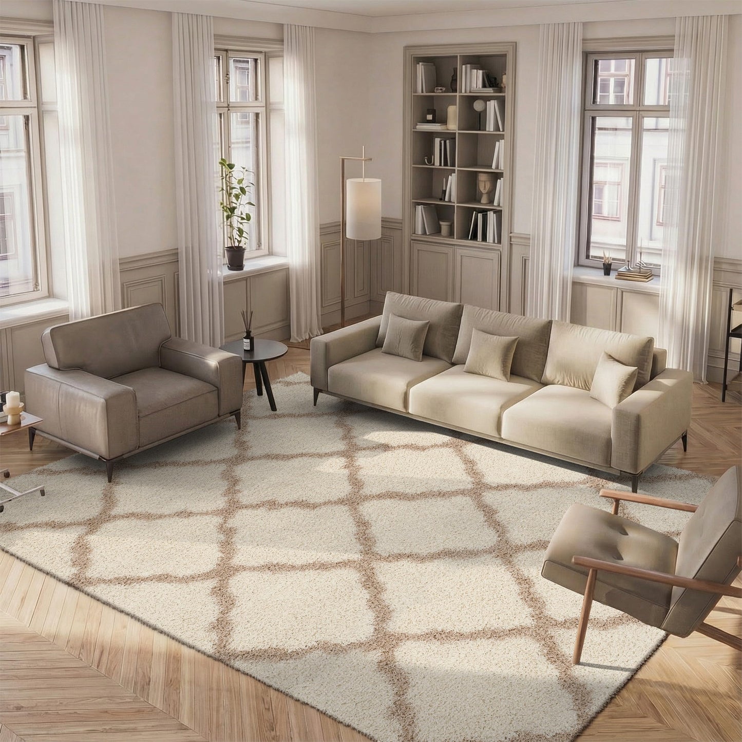 SAFAVIEH Area Rug 8x10 - Dallas Shag Collection - Large - Ivory & Beige, Trellis Pattern, Non-Shedding & Easy Cleaning, Plush Thick Pile, Ideal for Living Room, Bedroom, Dining Space (SGD257B)