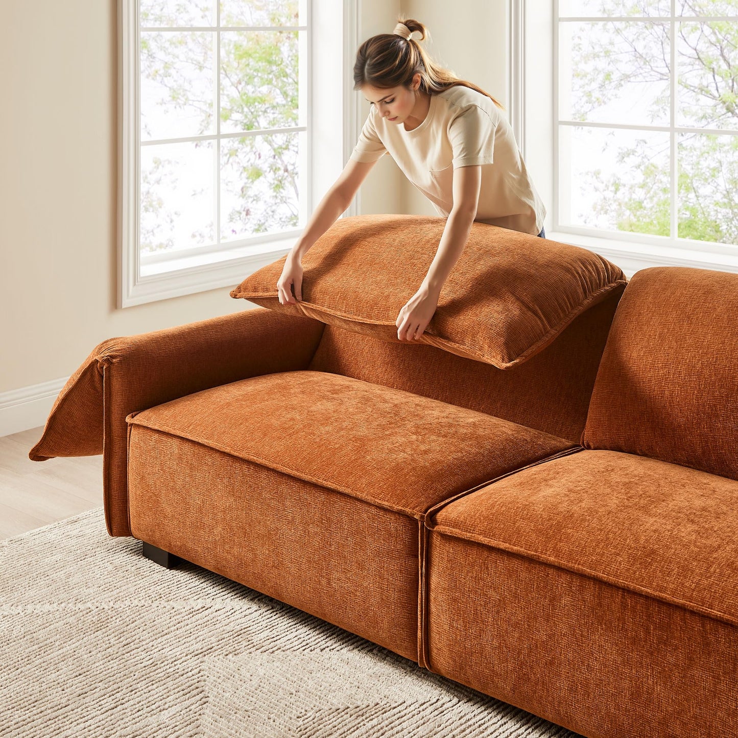 VANOMi 92.9" Sofa Couch for Living Room, Modern Comfy 3-Seater Cloud Sofas, Chenille Small Couches for Small Spaces, Upholstered Deep Seat Couch for Bedroom, Apartment (Curry)