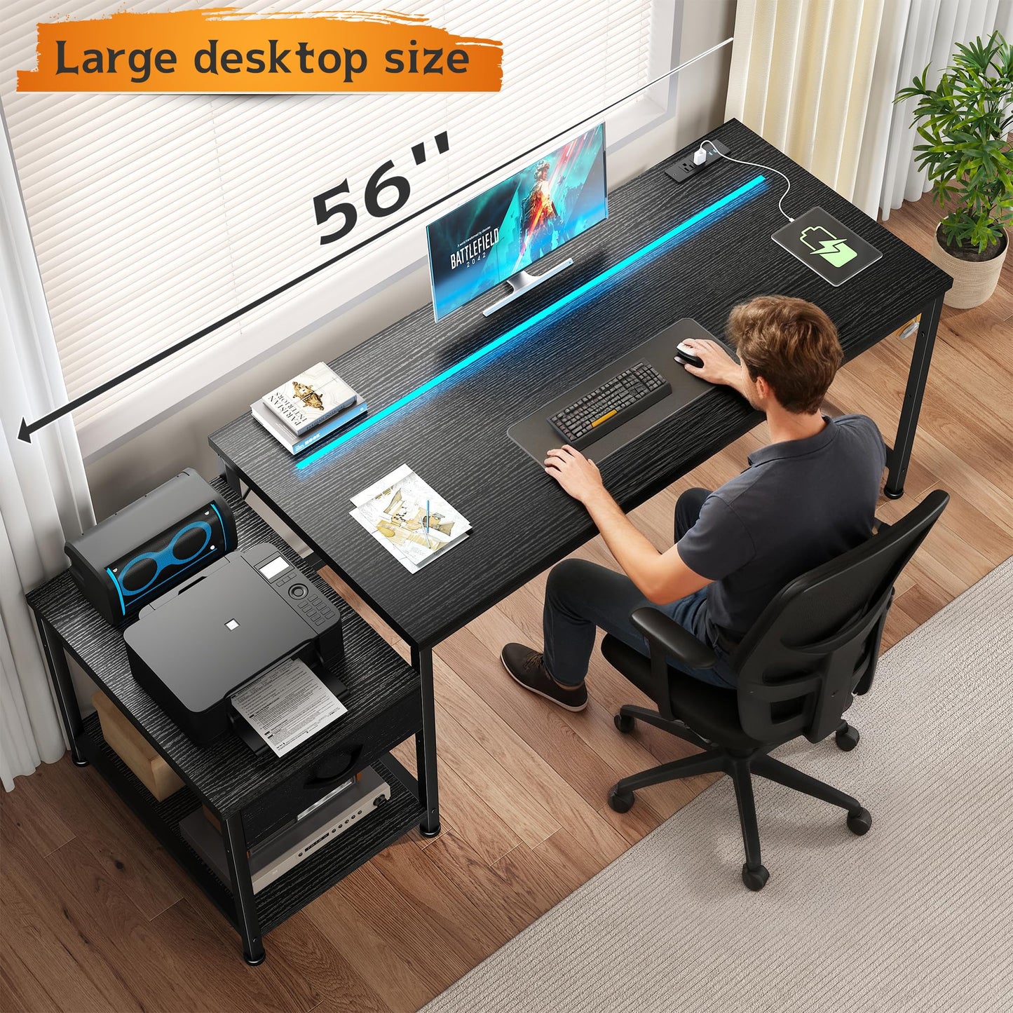 DurayLoly 56 Inch Gaming Desk with Drawers and Shelf,Reversible Computer Desk with LED Lights and Power Outlets,Study Table with Hooks for Headphone,Bags,Black Desk Work Desk for Bedroom,Dorm
