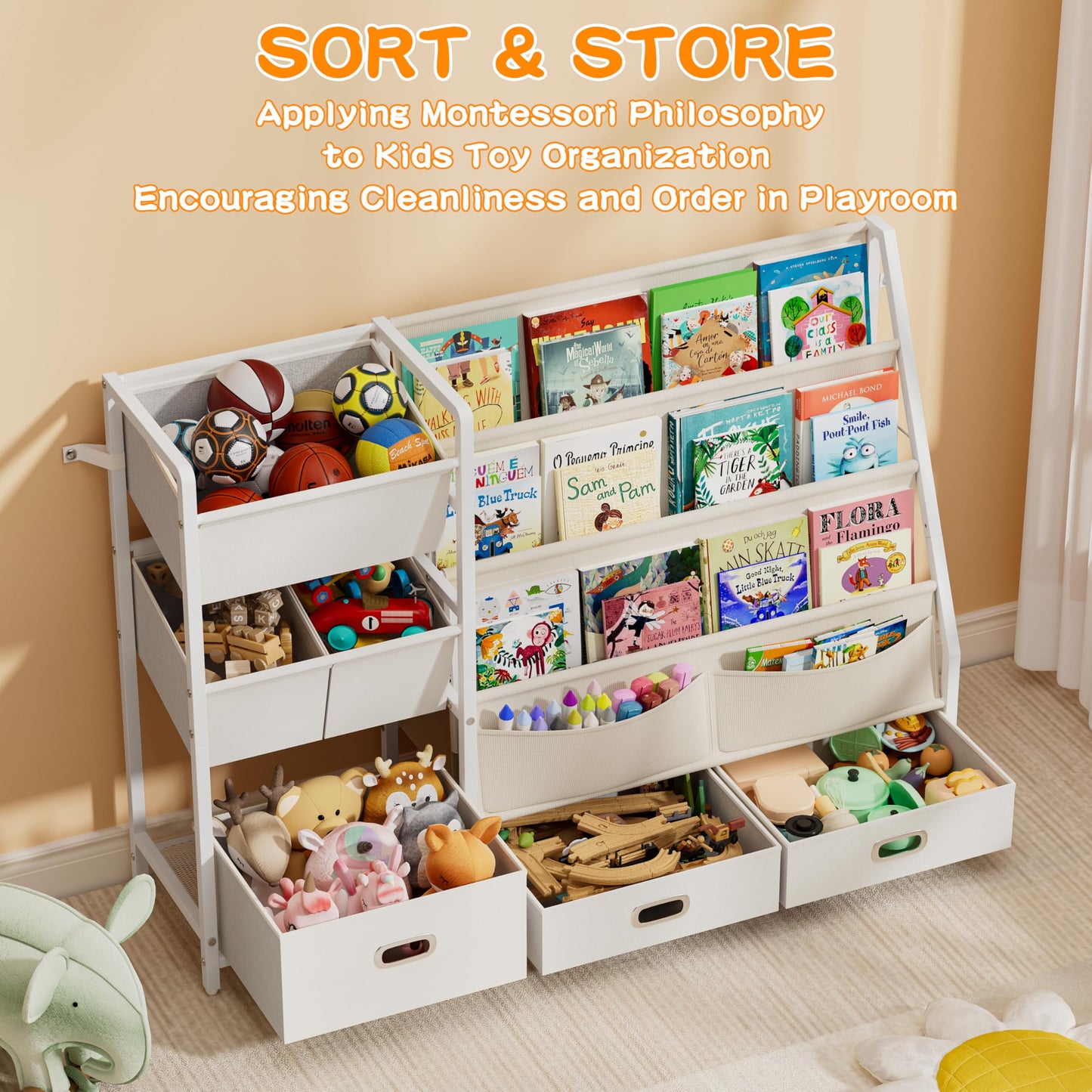 HAVLOTII Kids Bookshelf and Toy Storage - Book Shelf for Kids Rooms, Toddler Bookshelves Baby Bookcase for Nursery, Montessori Toy Organizer, 6 Toy Bins for Kids Toy Storage