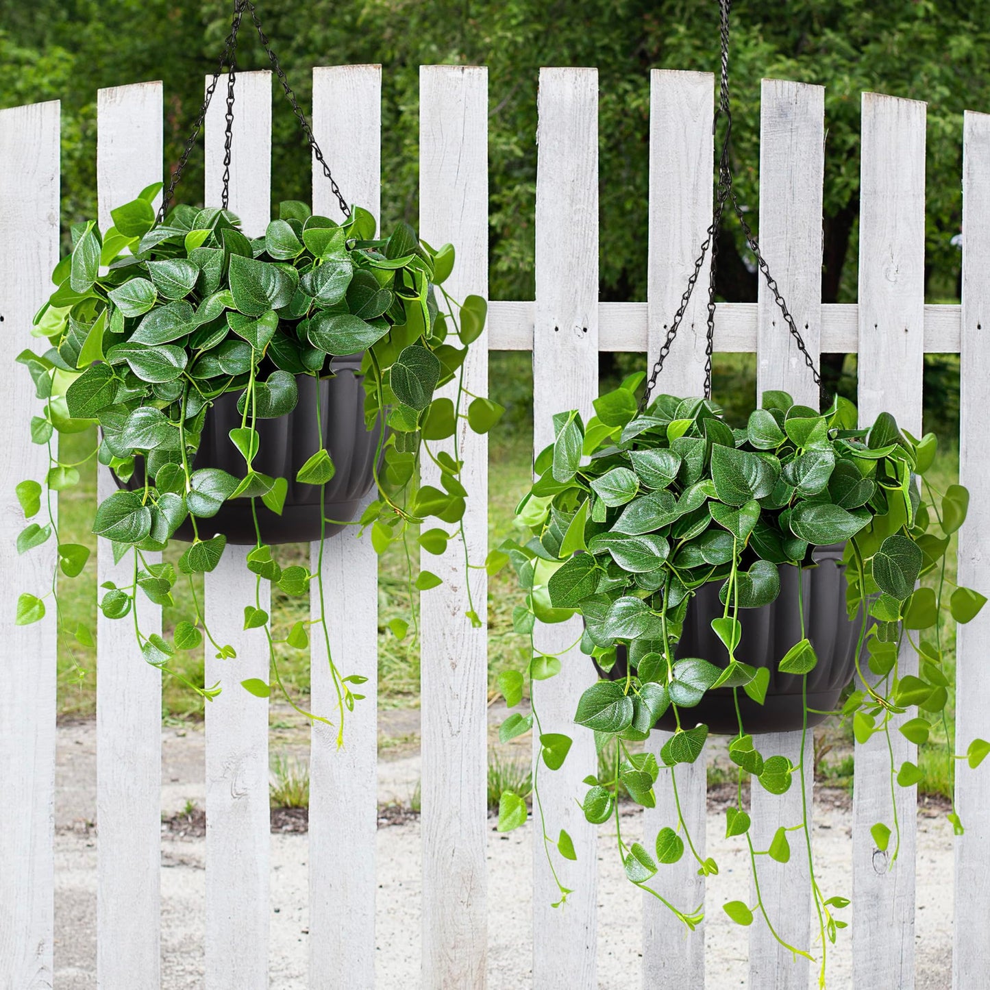 YIKUSH Planters for Outdoor Plants 2 Pack Black Plant Pots with Drainage Hole and Absorbing Tray Hanging Planters for Indoor Plants (12 inch, 3 Hooks)