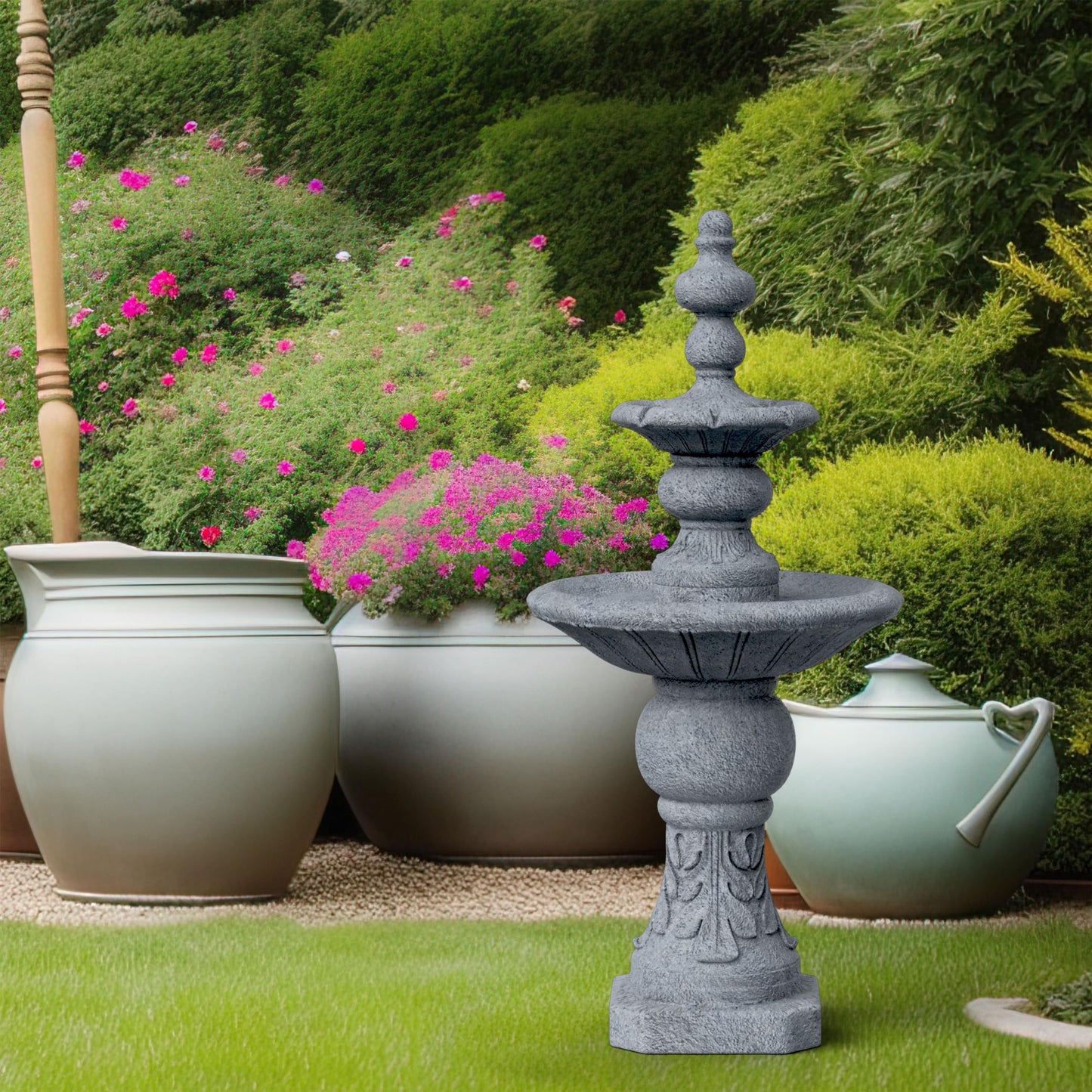 Teamson Home 52.56 in. Outdoor Two-Tier Water Fountain with Realistic ICY Stone Texture for Outdoor Living Spaces Creating a Calming Oasis for Gardens, Landscaping, Patios, Balconies, Lawns, Gray
