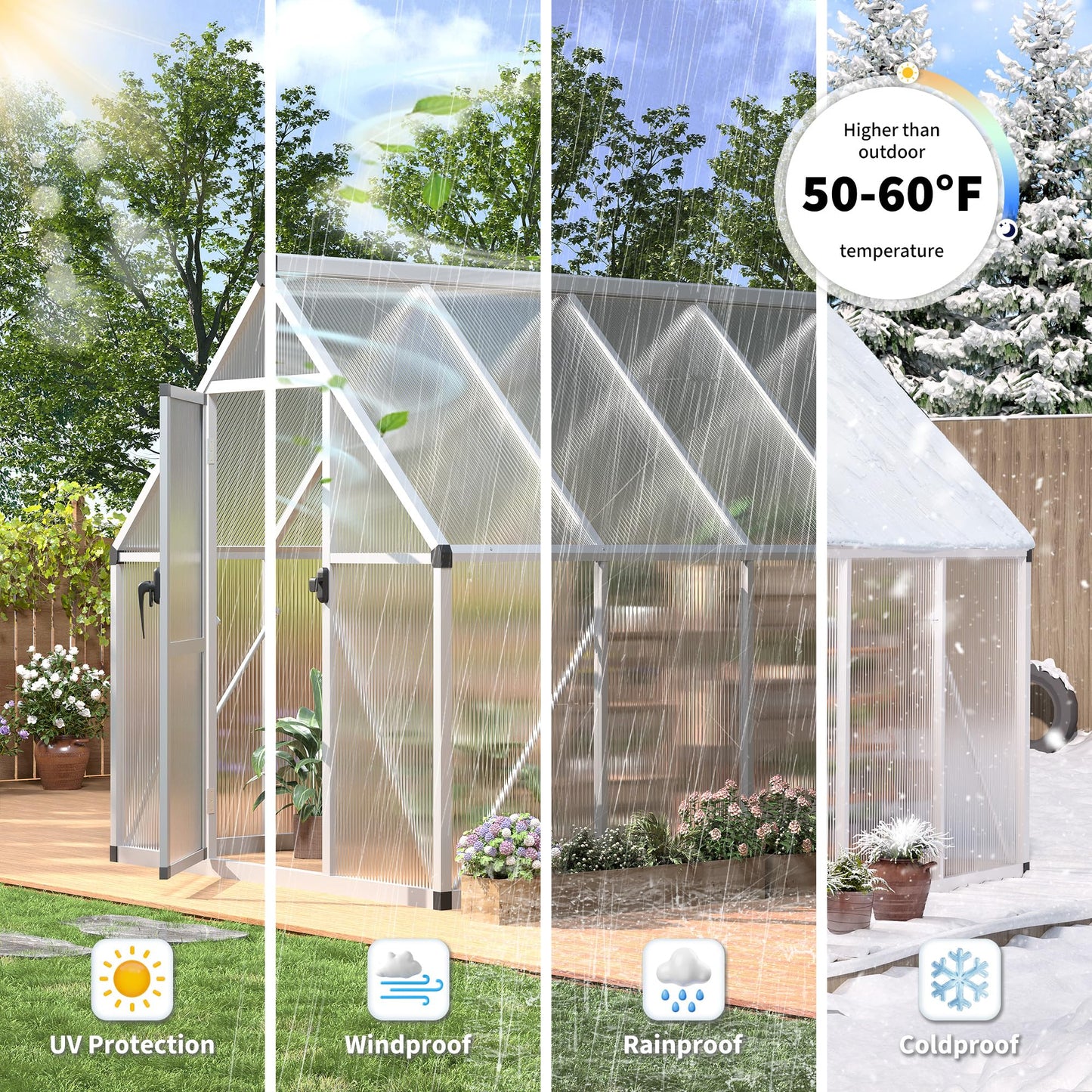 IDEALHOUSE 6x7 FT Greenhouse for Outdoors, Lockable Door and Ajustable Roof Vent, Polycarbonate Greenhouse with Windproof Aluminum Frame, Aluminum Walk-in Greenhouses, for Backyard, Lawn
