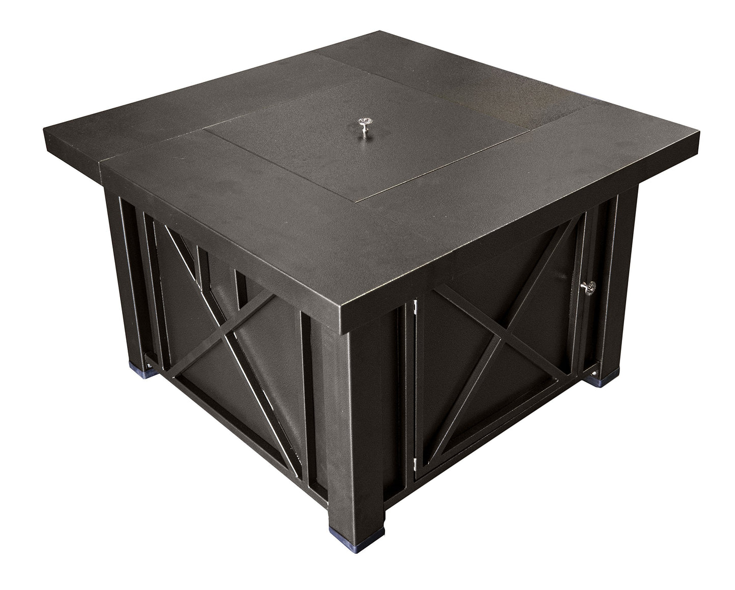 Hiland 38'' Square Propane Fire Pit Table w/Lid, Fireglass Included, Regulator and Hose, 40,000 BTU, Decorative Crossbars, Bronze