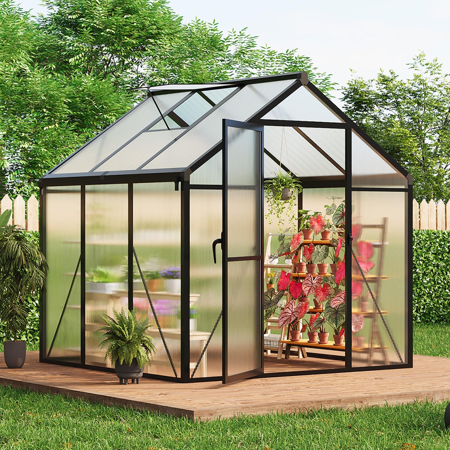 6 x 6 ft Greenhouse, Greenhouses for Outside, Polycarbonate Greenhouse with Aluminum Frame, Lockable Door and Ajustable Roof Vent for Backyard, Green Houses for Outside Garden Backyard, Patio