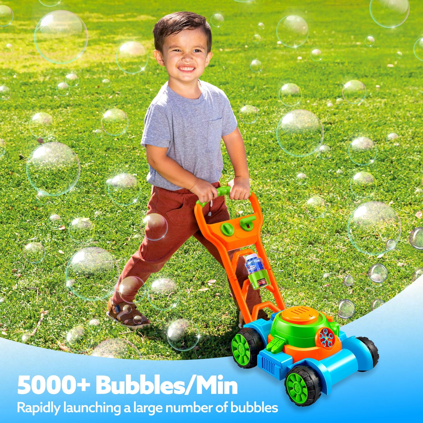SLOOSH Bubble Lawn Mower Toddler Toys - Spill-Proof Bubble Machine Pretend Gardening Play Toy for Age 1 2 3 1-3 Year Old Baby Boys Indoor Outdoor Use, Easter Basket Stuffers Birthday Gifts (Blue)