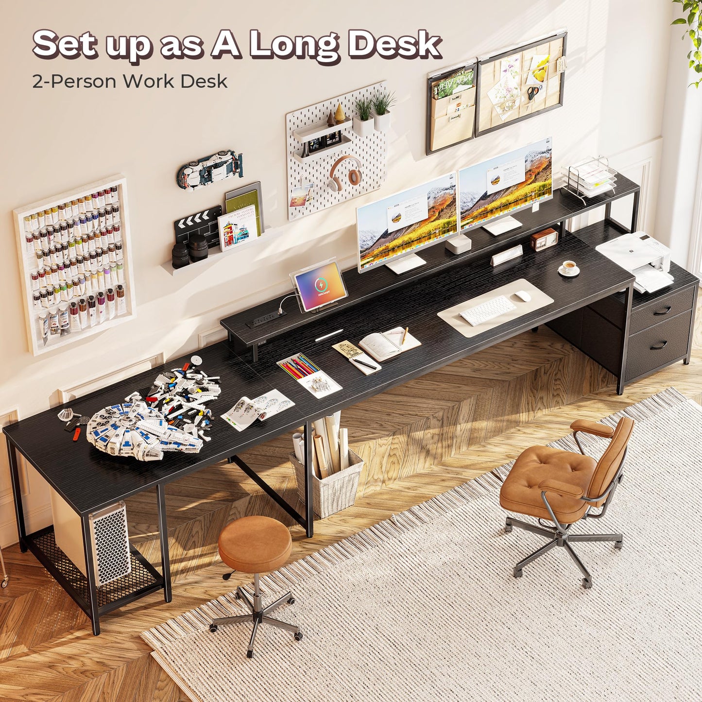 PRAISUN 66" L Shaped Gaming Desk with LED Lights & Power Outlets, Computer Desk with Fabric Drawers and Print Stand, Corner Office Desk, Monitor Stand, Mesh CPU Stand, Black
