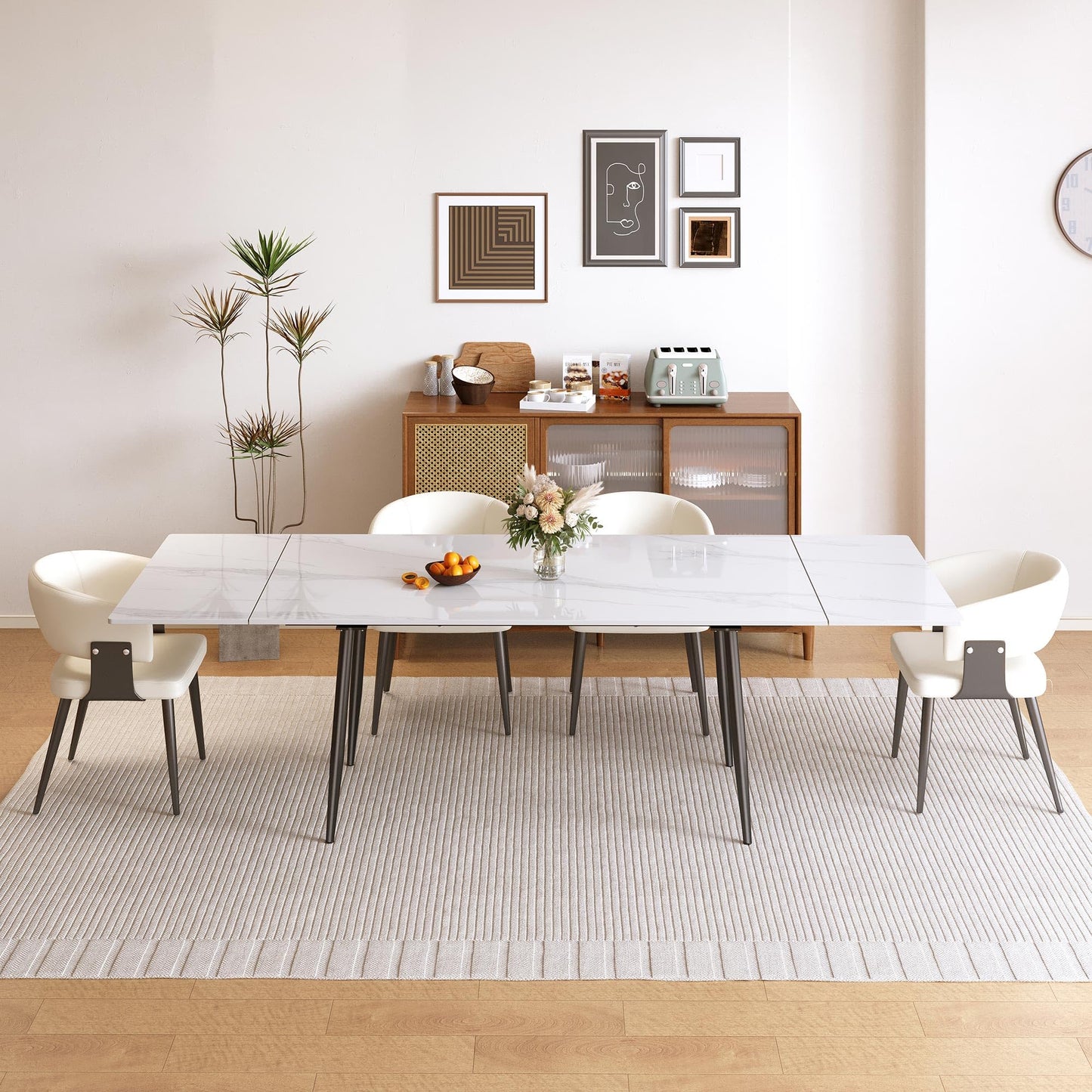 NessCarsti 62.9"–94.4" Extendable Sintered Stone Dining Table for 6–10, Modern White Rectangular Kitchen Table with Stainless Steel Legs, Scratch-Resistant & Heat-Resistant, Patio & Backyard Furniture