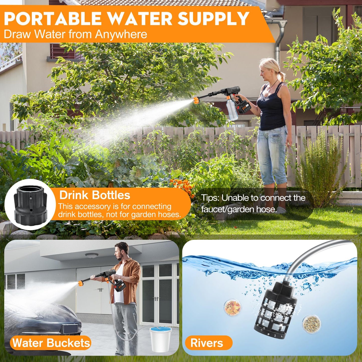 Pircaath Cordless Pressure Washer Gun, Battery Power Washer, 500PSI High Pressure Cordless Power Washer, Portable Pressure Washer with 6-in-1 Nozzle, Handheld Power Washer for Car,Garden,Home