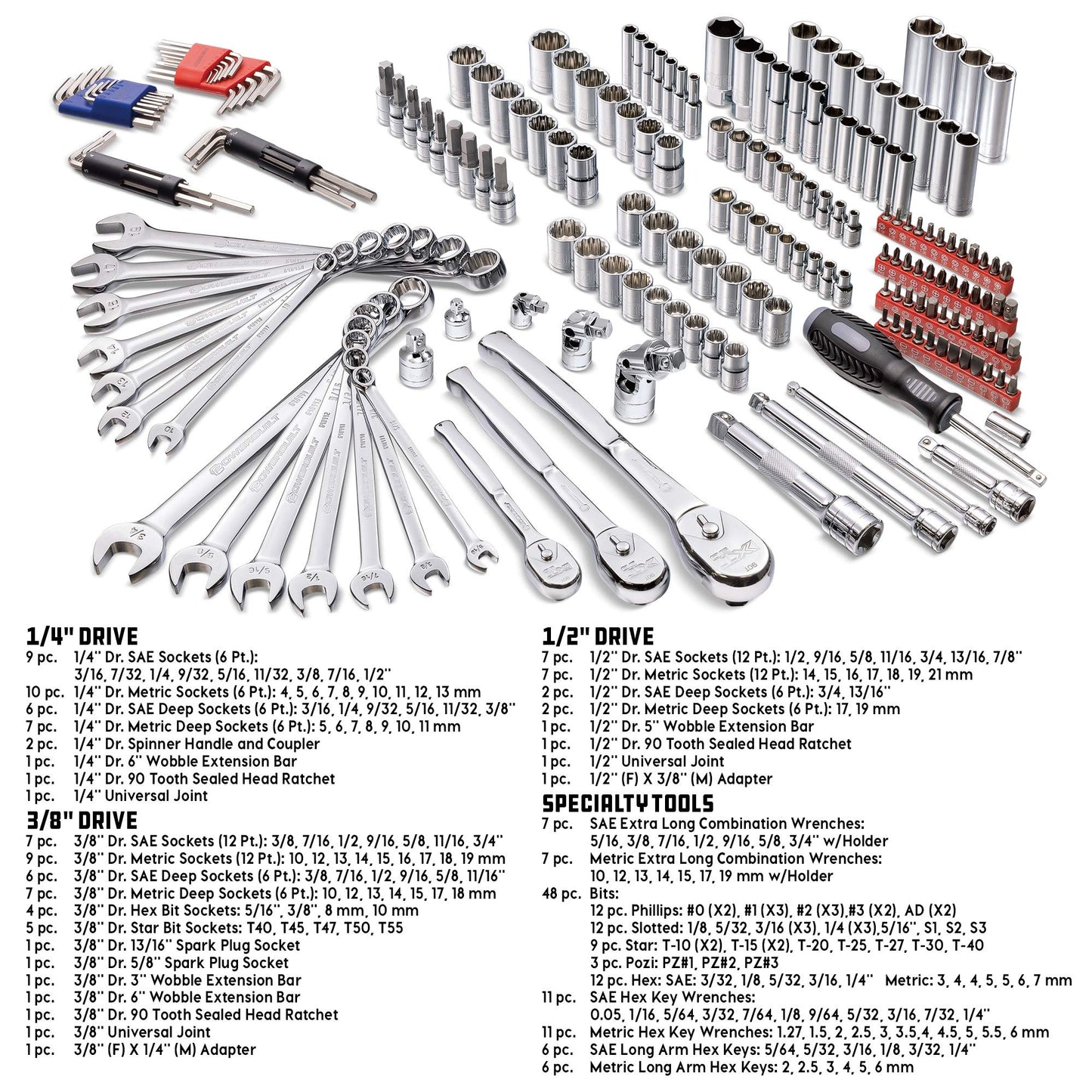Powerbuilt 200 Piece 1/4-inch, 3/8-inch, and 1/2-inch Drive Mechanics Tool Set - with SAE and Metric Socket Set, Powerbuilt XT 90 Tooth Seal-Head Ratchets, including Case - 642472