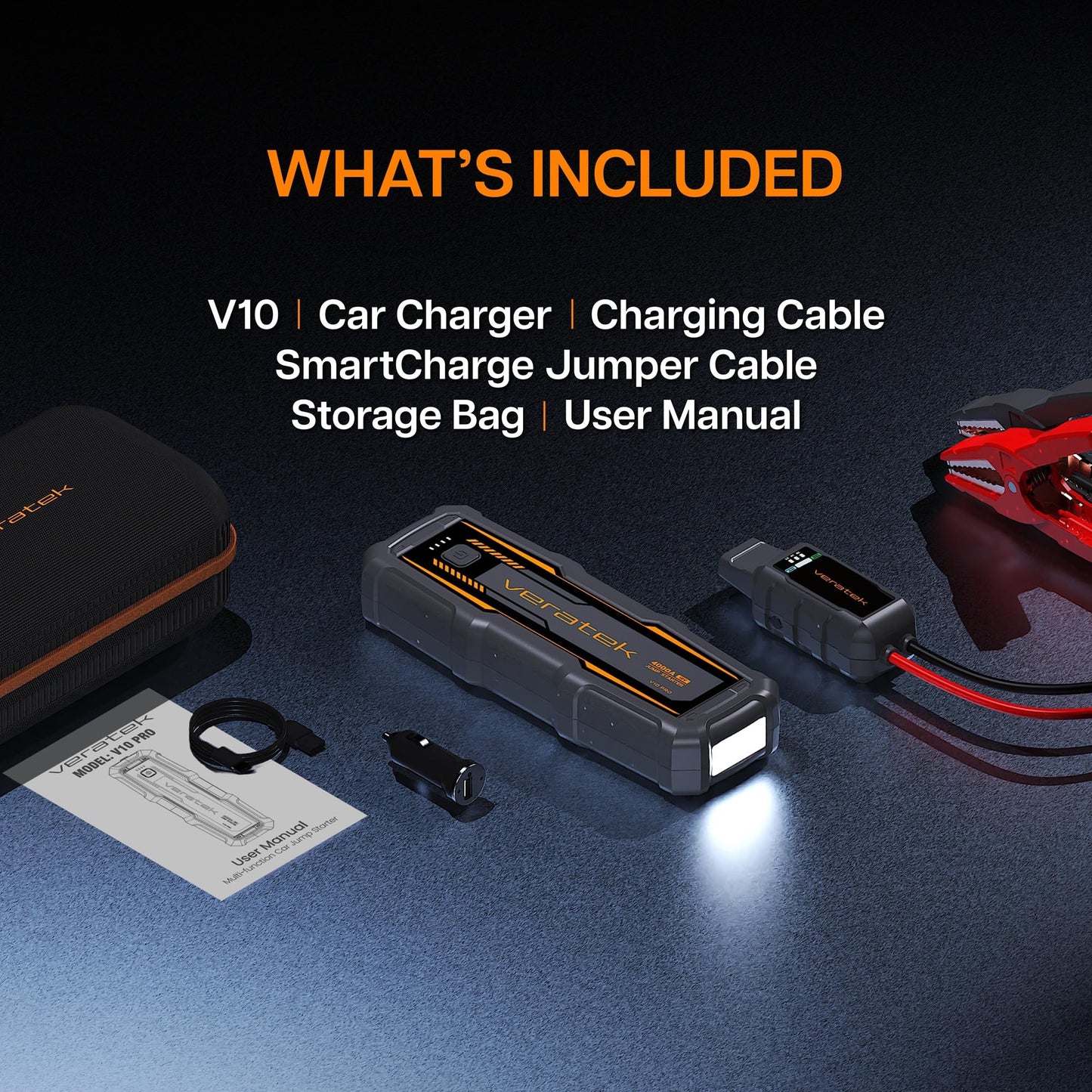 ReelCharge - Veratek V10 Pro 4000A Car Battery Jump Starter Portable (10.0L Gas & 8.0L Diesel) – 12V Lithium Battery Booster Pack with SmartCharge Safety, Jumper Cables, 24000mAh Power Bank, Jump Box