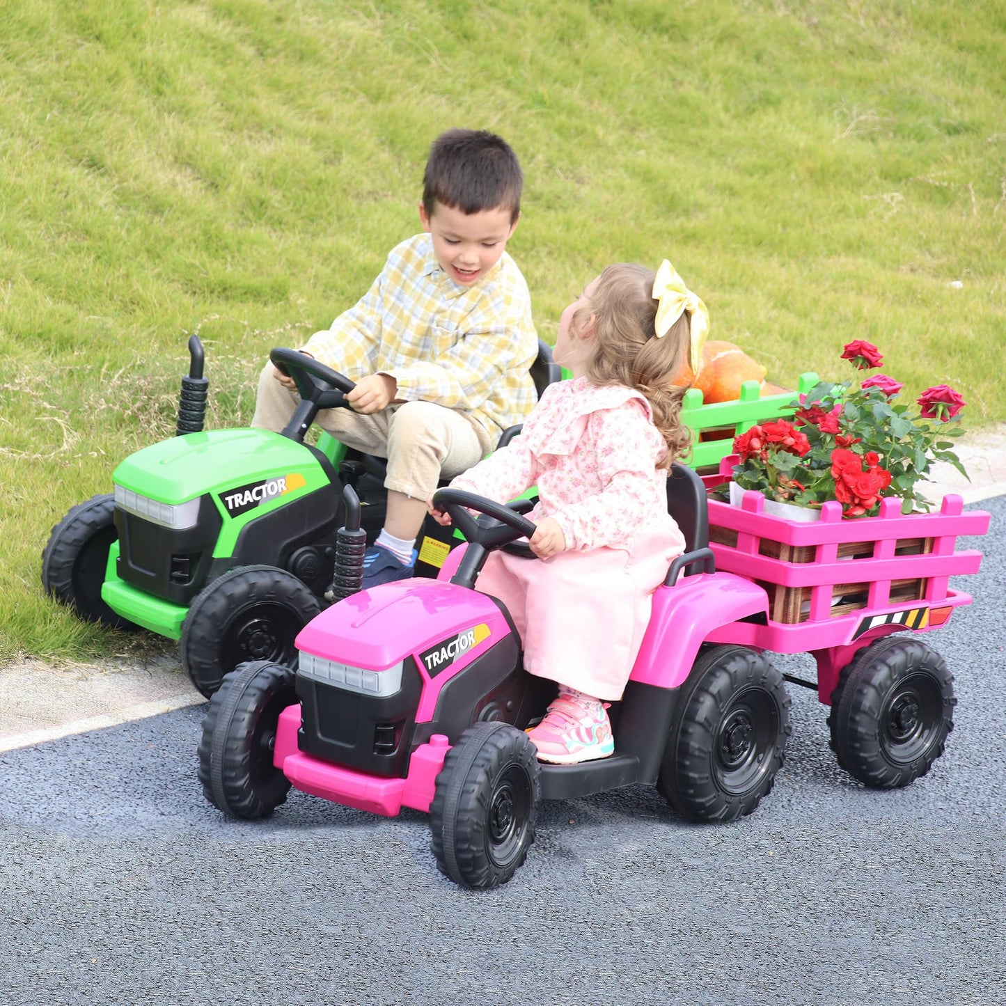 TOBBI Kids Electric Ride On Toy Tractor, Toddlers 12V Battery-Powered Car to Drive, 35W Dual Motor 6-Wheels Trailer Vehicle with 3-Speeds/LED & Horn Functions for Chirdren Aged 3-6-Pink