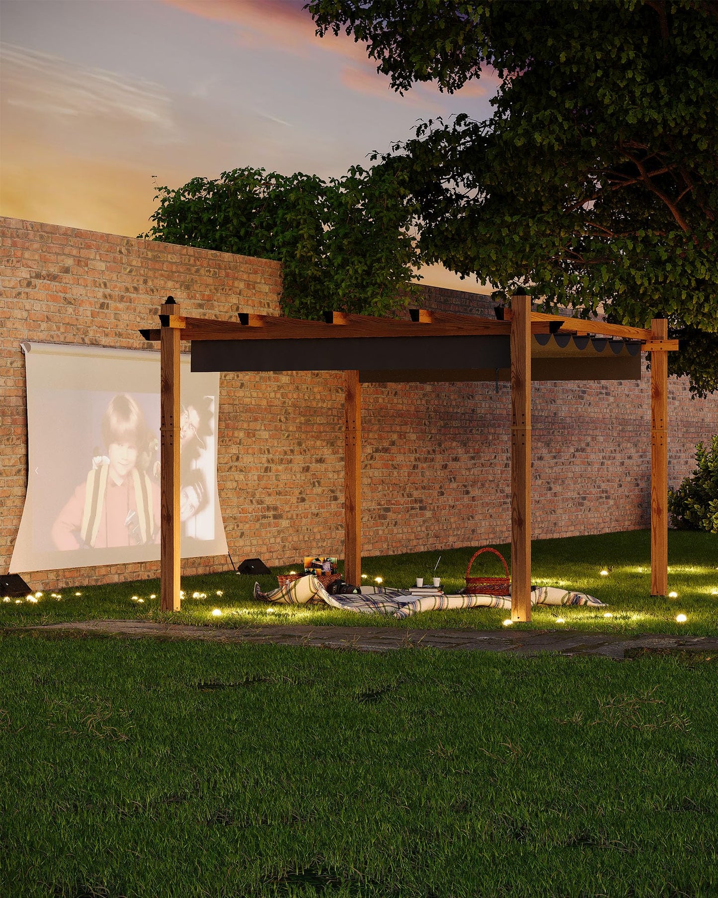 KYBOLT 10x13 Ft Outdoor Pergola with Retractable Canopy Upgraded Aluminum Imitation Wood Grain Metal Patio Pergola for Modern Backyard Deck Porch Grape Trellis(Gray)