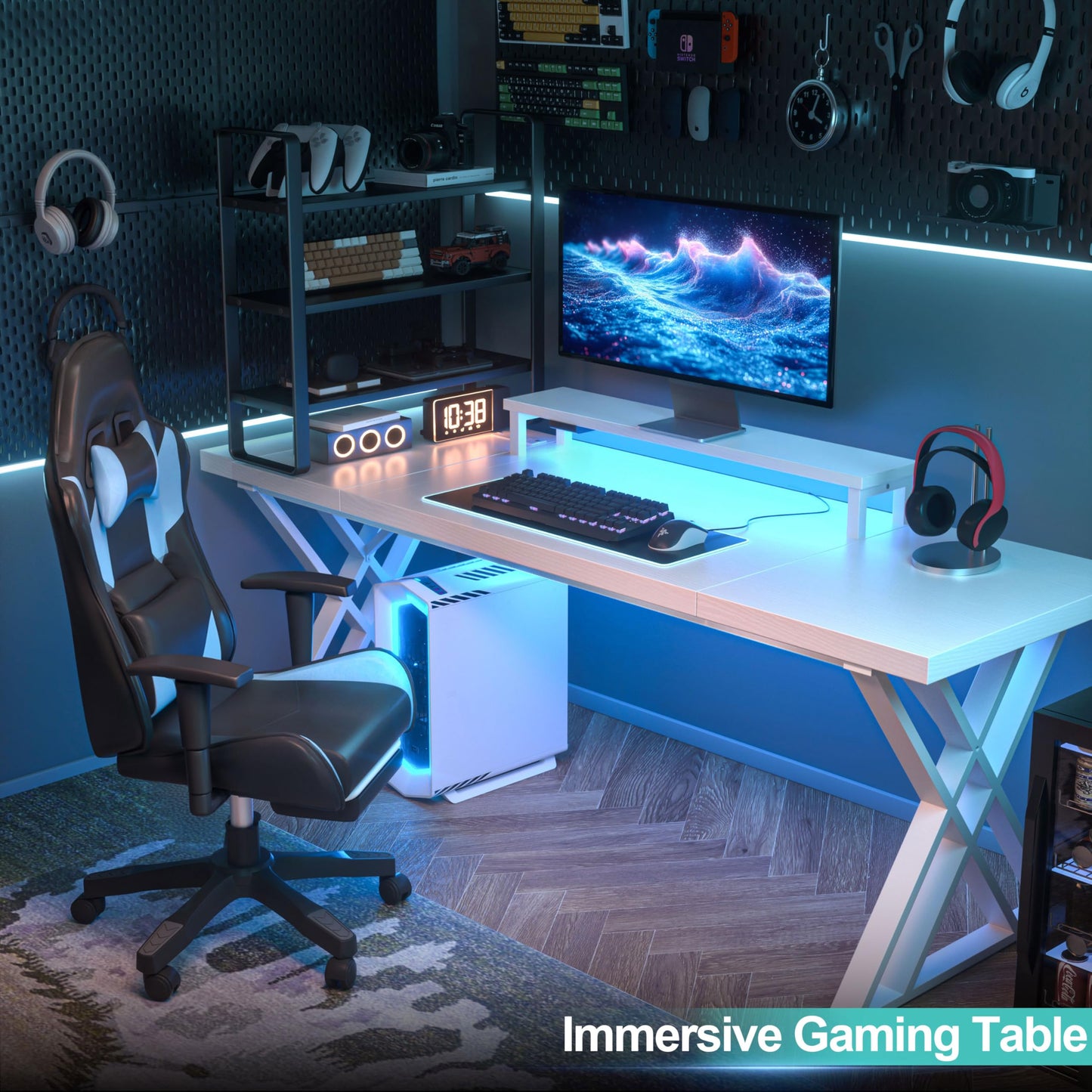 Dithoko 70.8 Inch Large Computer Desk with Power Outlet & LED Lights,Modern Home Office Desk with Ergonomic Monitor Stand,Extra Long Executive Office Writing Desk for Gaming, Work, Study, White