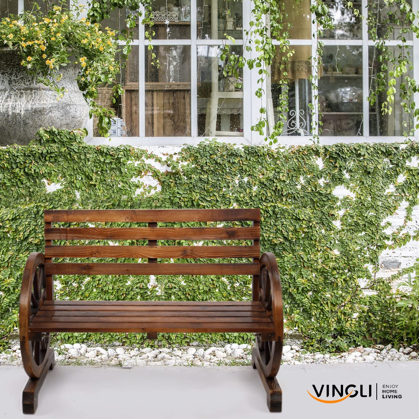 VINGLI Rustic Wooden Wheel Bench Outdoor Bench, Patio Bench Wagon Slatted Seat, Garden Benches for Outdoors 350lbs High Capacity, Weather Resistance (Rustic, 41in)