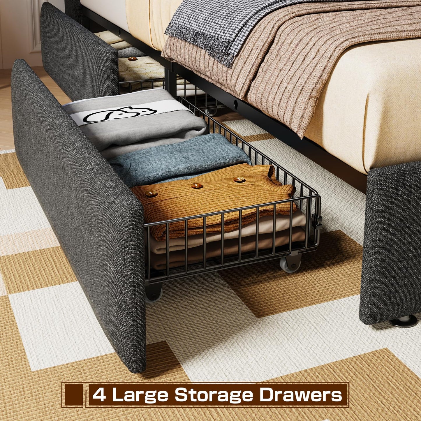 Driftalia Queen Bed Frame with 4 Storage Drawers, Upholstered Bed Frame Queen Size with LED Lights Headboard and Charging Station, No Box Spring Needed, Easy Assembly - Dark Grey