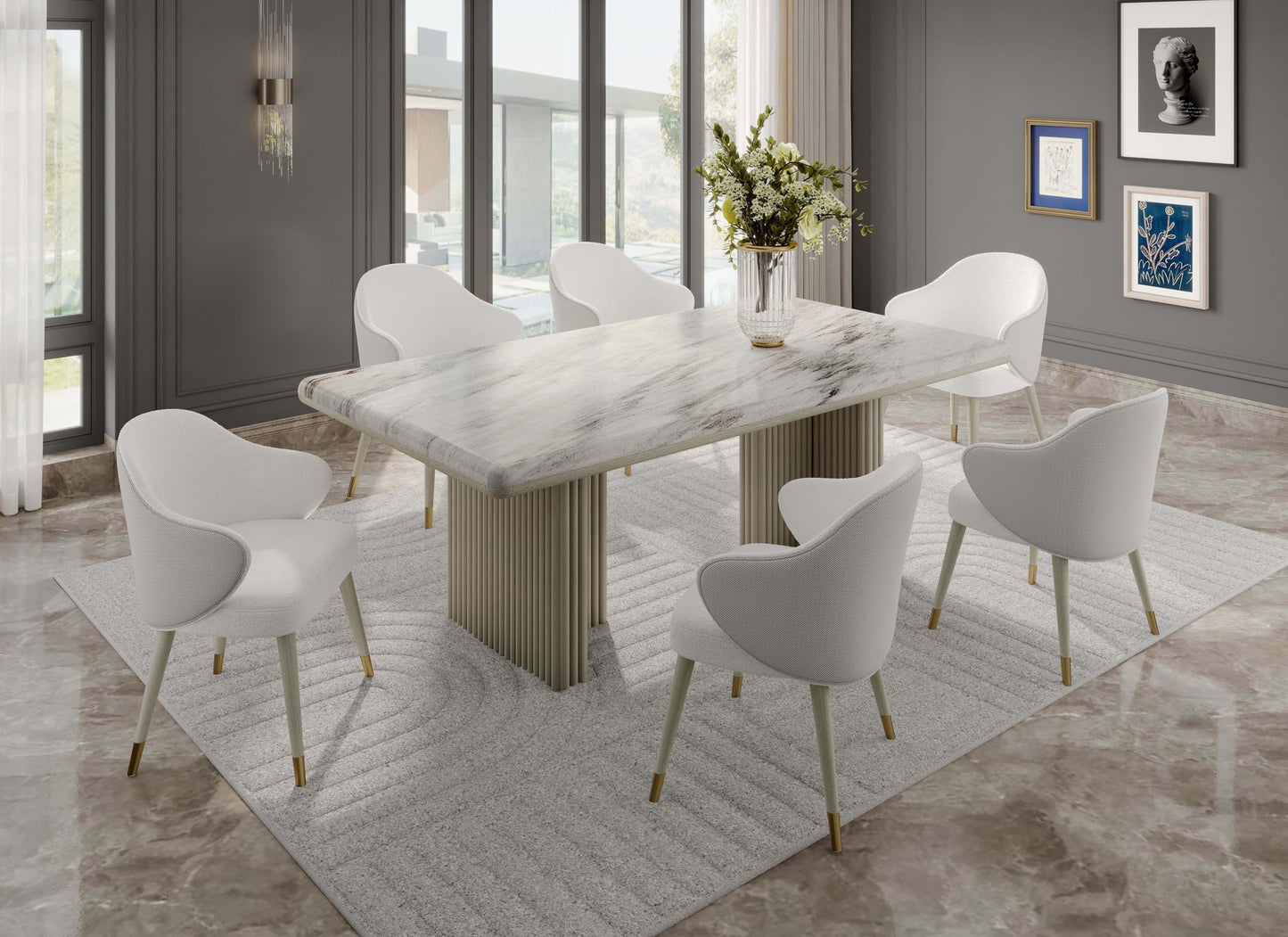Acme Charity Rubber Wood and Marble Dining Table in White & Gray Oak