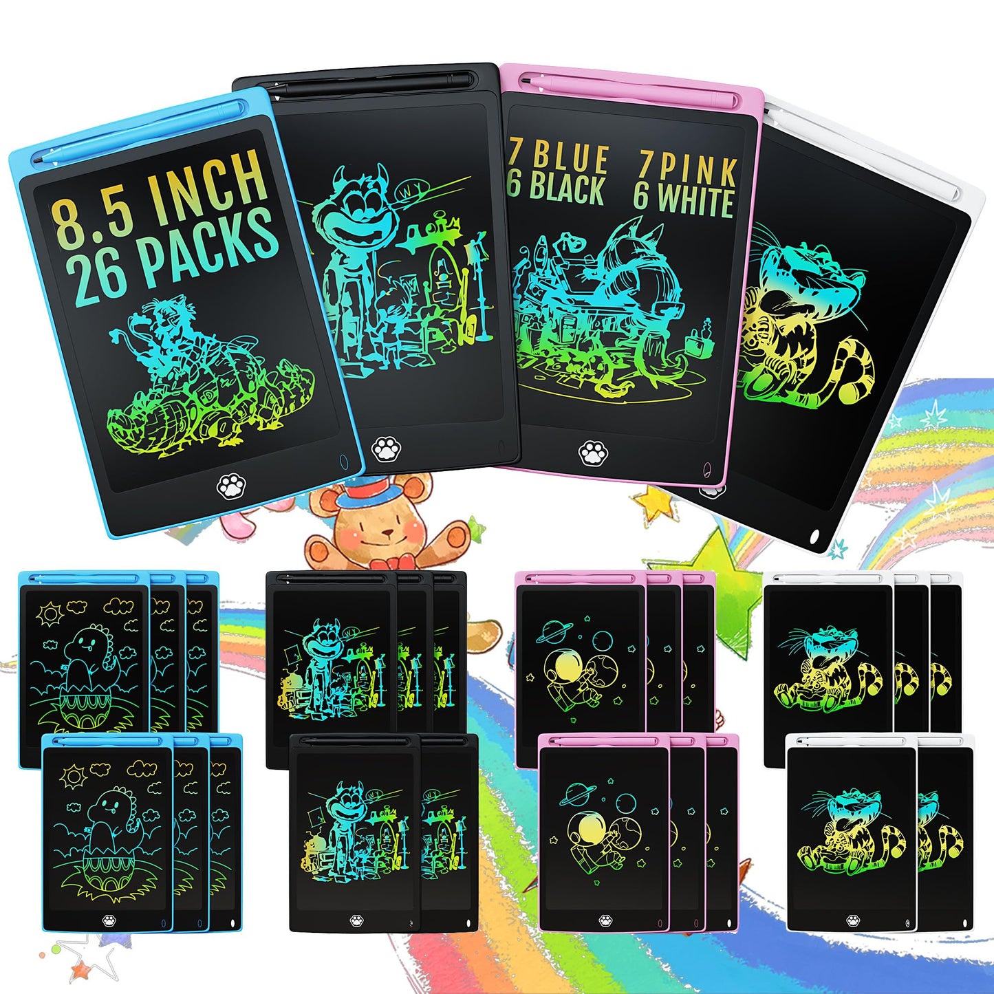 26 Packs LCD Writing Tablet, 8.5INCH Doodle Board for Child, Erasable Kids Drawing Pad, Electronic Drawing Writing Board for Kids Adults Learning & Education, (Blue+Pink+Black+White)