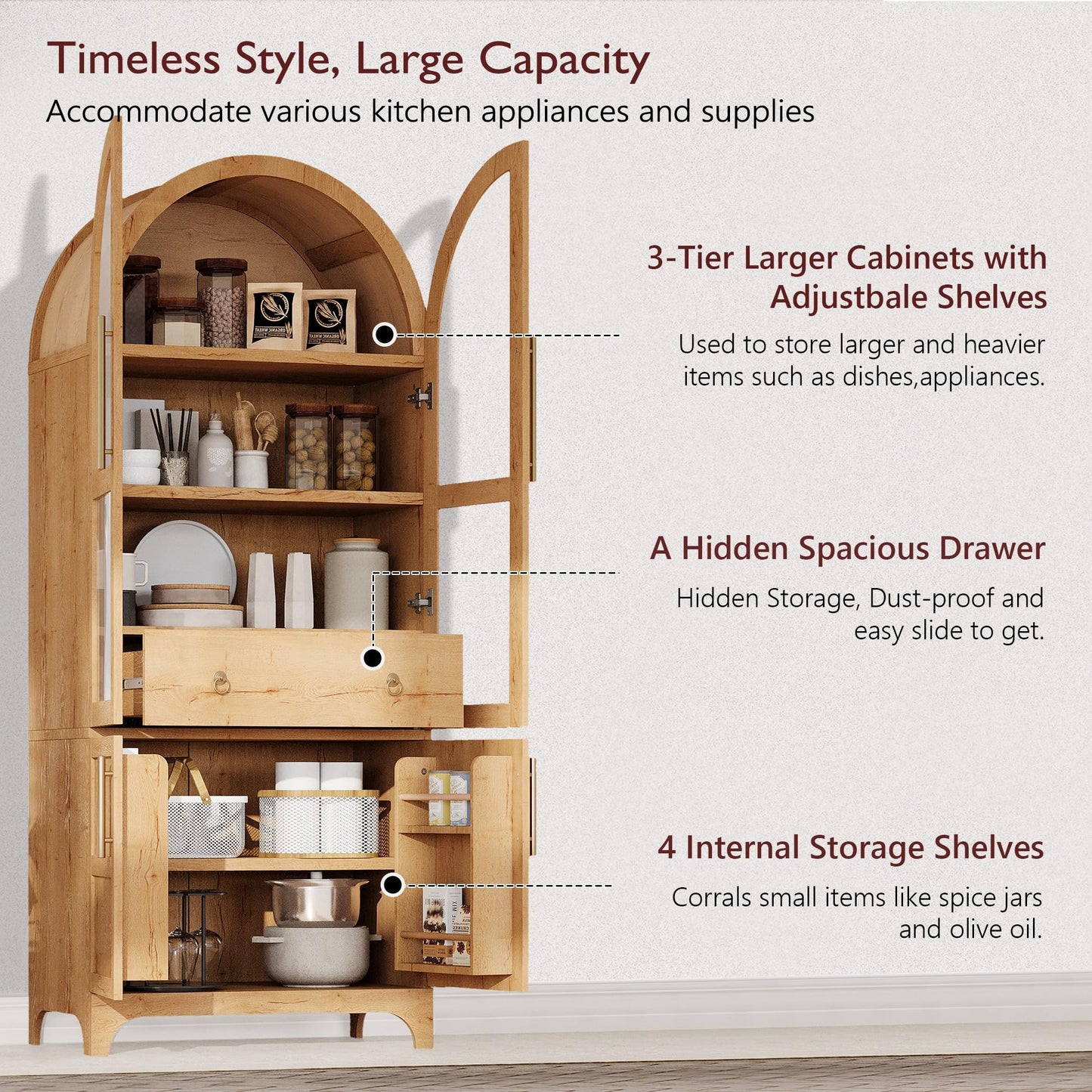Erteliza 71" Farmhouse Arched Storage Cabinet with Glass Doors & Hidden Drawer, Tall Arched Cabinet with Adjustable Shelves, Kitchen Pantry Cupboard for Dining Room, Natural