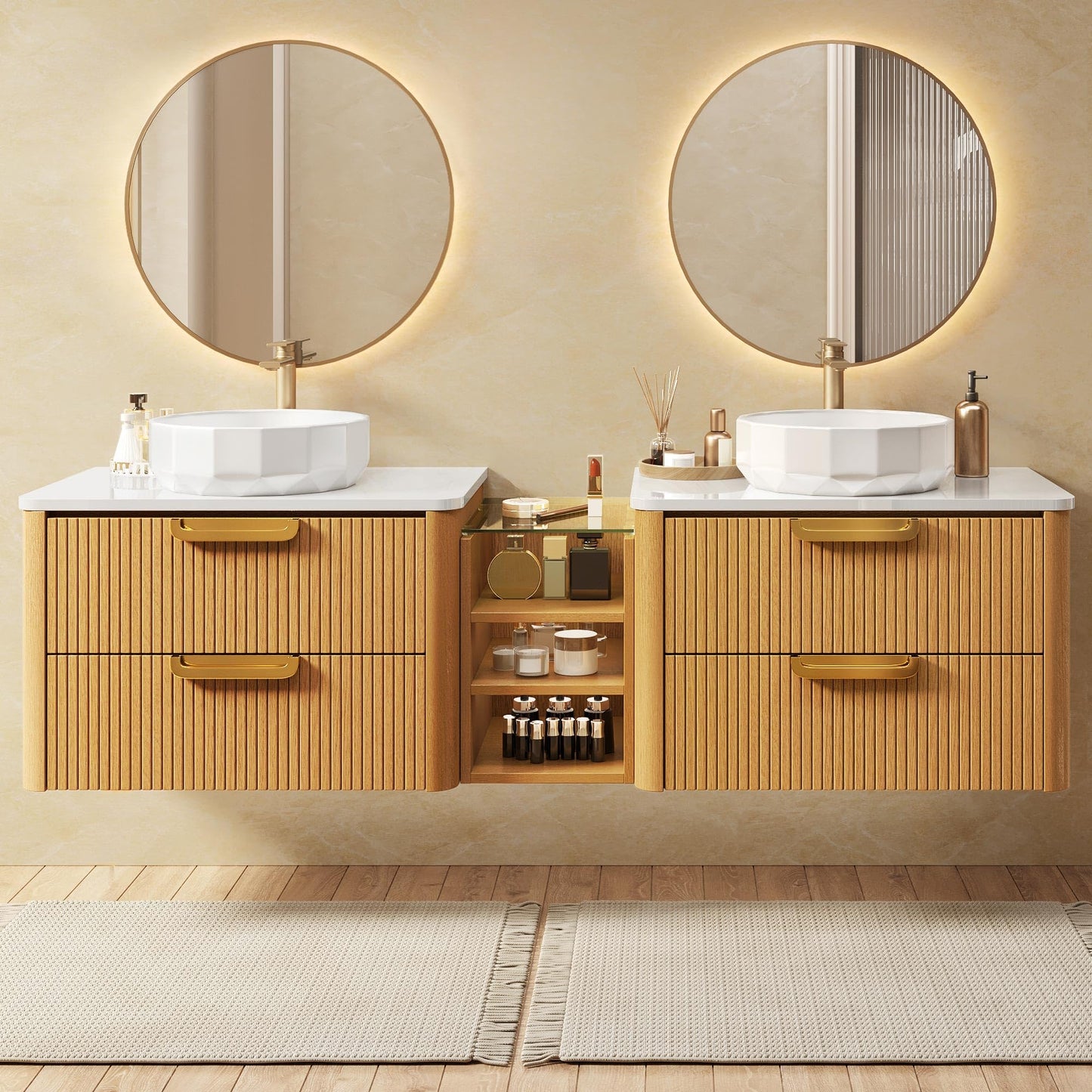 YITAHOME 72 Inch Floating Bathroom Vanity with 2 Faceted Ceramic Basins, Wall-Mounted Vanity with Engineered White Stone Top, 4 Large Storage Drawers & 4 Open Spaces, Wood Grain Texture, Light Walnut