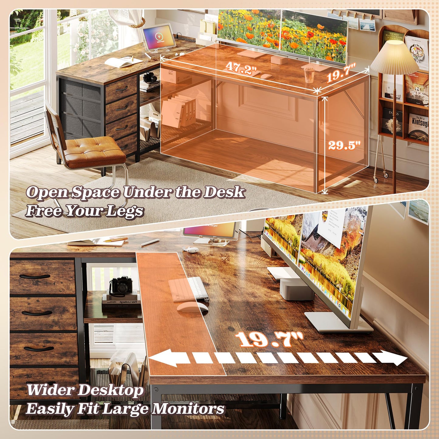 PRAISUN 61" L Shaped Desk with Power Outlets and USB-C Port, Reversible Computer Corner Office Desk with 4 Fabric Drawers and 2 Height-Adjustable Shelves, Large for Gaming Writing Study, Rustic Brown
