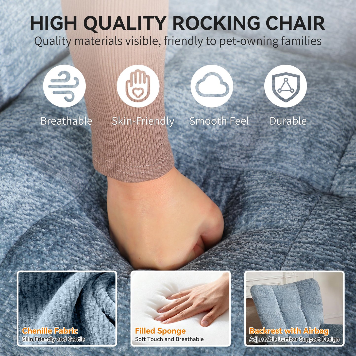 ETCZOYE Rocking Chair with Airbag, Comfy Modern Reading & Nursing Nursery Rocking Chair Indoor, Cozy Upholstered Glider Rocker Chairs for Living Room Bedroom Offices, (Chenille, Blue)