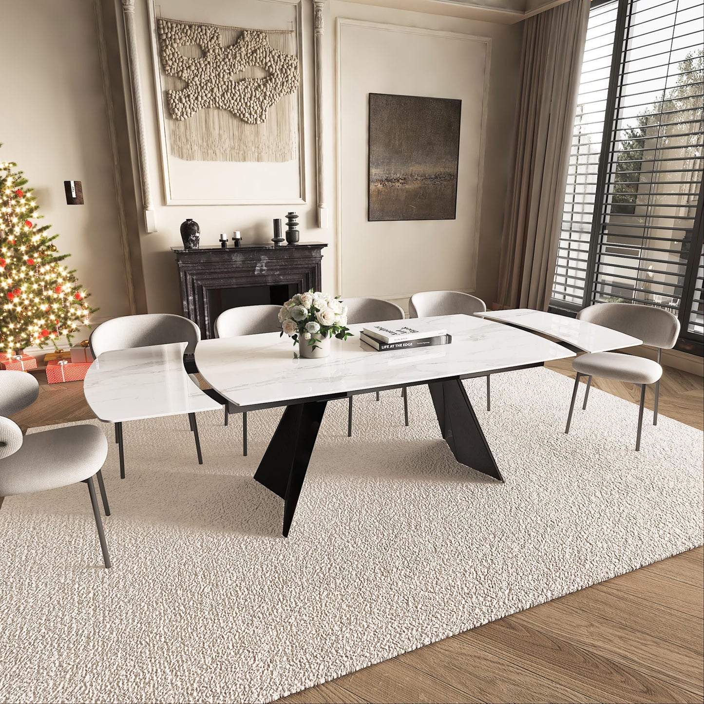Extendable Dining Table with Leaf, 65"-95" Rectangular Sintered Stone, Marble-Look Top, Seats 6-12, Metal Base, Easy-Clean, Heat & Scratch Resistant, Dining Room/Kitchen Table for Family Gatherings