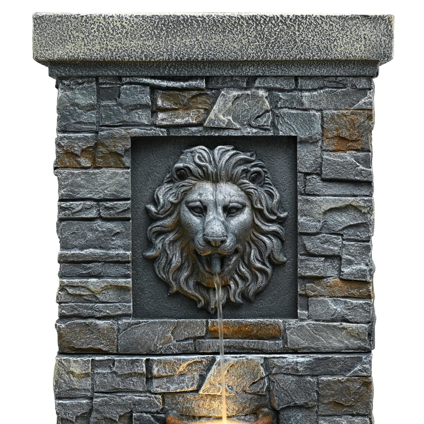 42'' Outdoor Garden Floor-Standing Water Fountain Lion Head Stone with Lights Outdoor Waterfall for Patio, Backyard, Deck, Porch and Home Art Decor