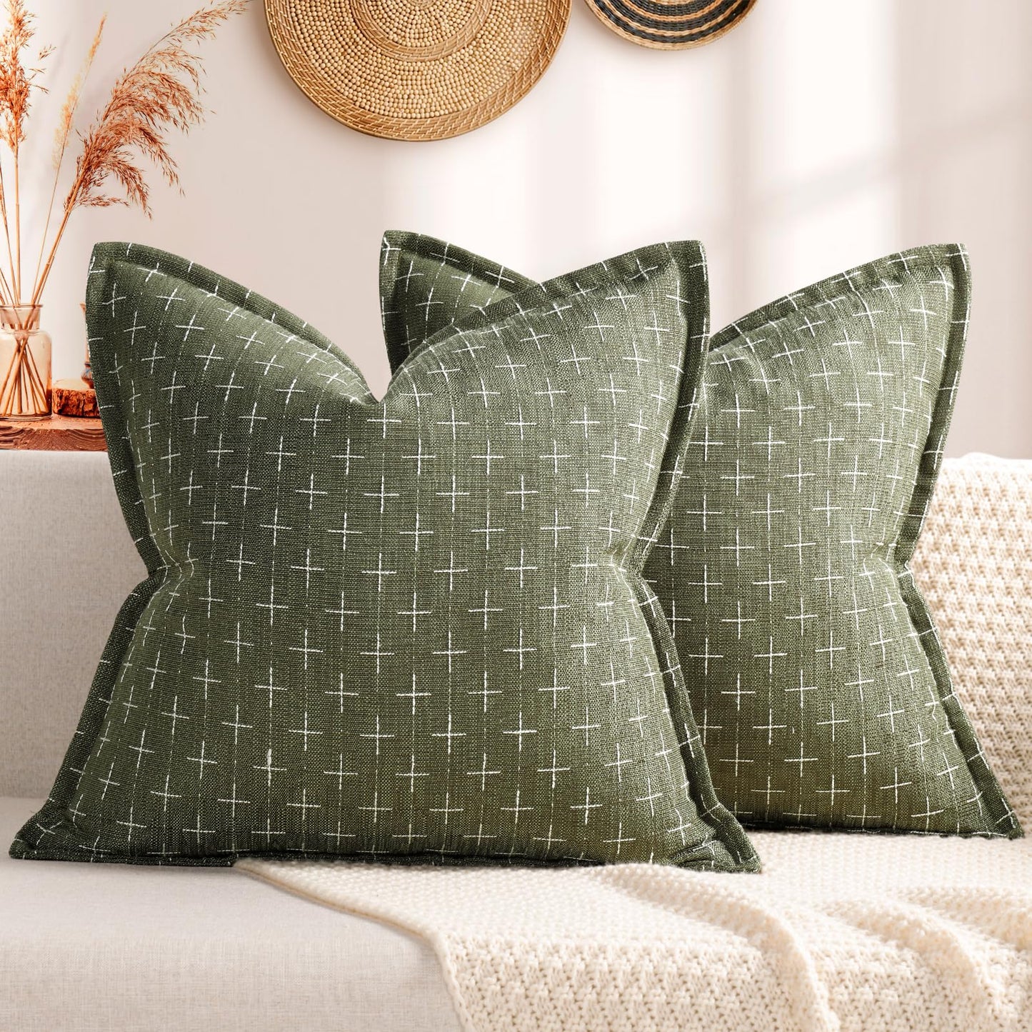 ZWJD Pillow Covers 18x18 Set of 2 Soft Polyester Textured Pillow Covers with Stylish Flange Edge Cozy Farmhouse Throw Pillows for Couch Bed Sofa Living Room