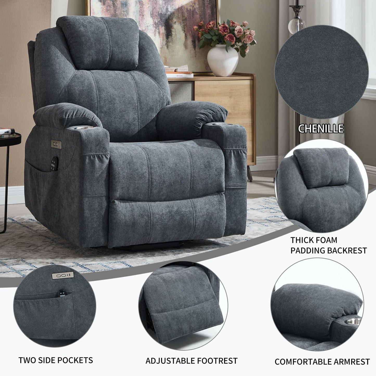 KEIKI Power Lift Recliner Chair with Massage and Heat, 8-Point Vibration, Lumbar Heating, USB/Type-C Ports, Cup Holders, Heavy Duty for Elderly and Adults, Polyester Fabric