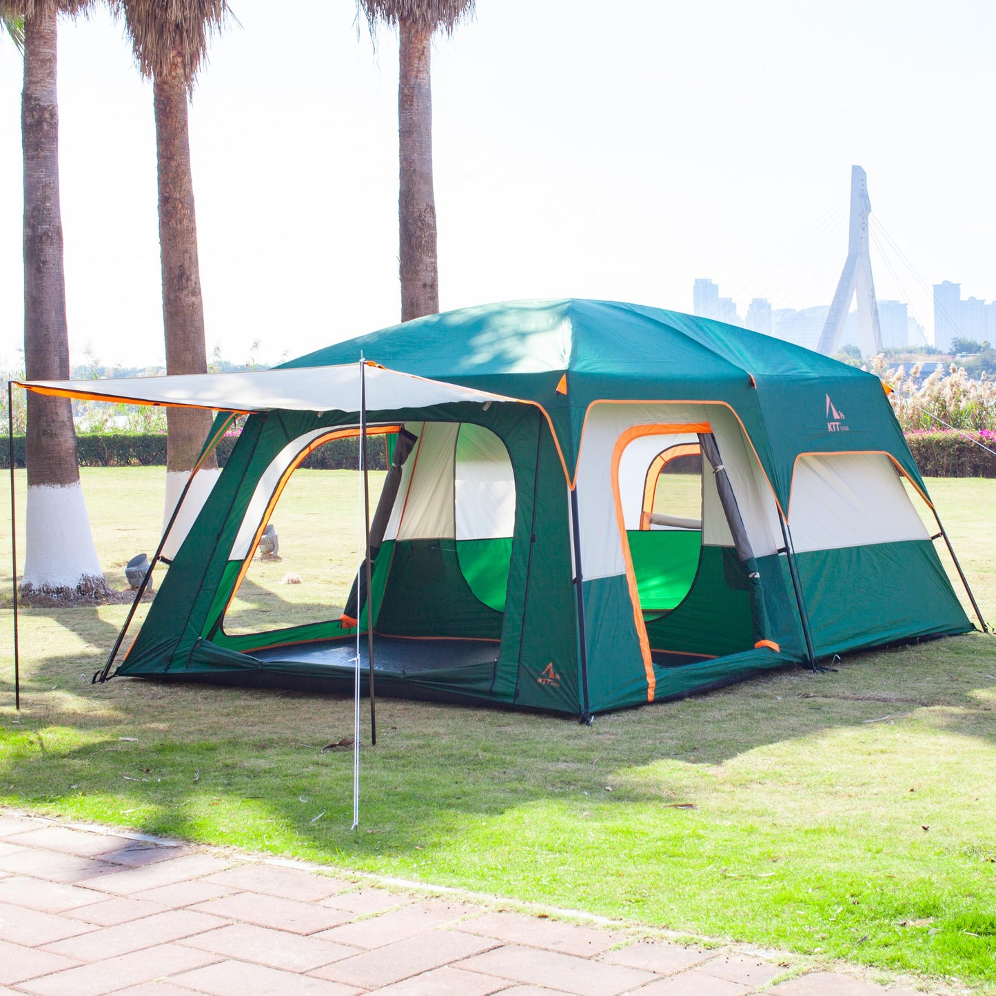 KTT Extra Large Tent 10-12 Person(B),Family Cabin Tents,2 Rooms,3 Doors and 3 Windows with Mesh,Straight Wall,Waterproof,Double Layer,Big Tent for Outdoor,Picnic,Camping,Family Gathering(Green)
