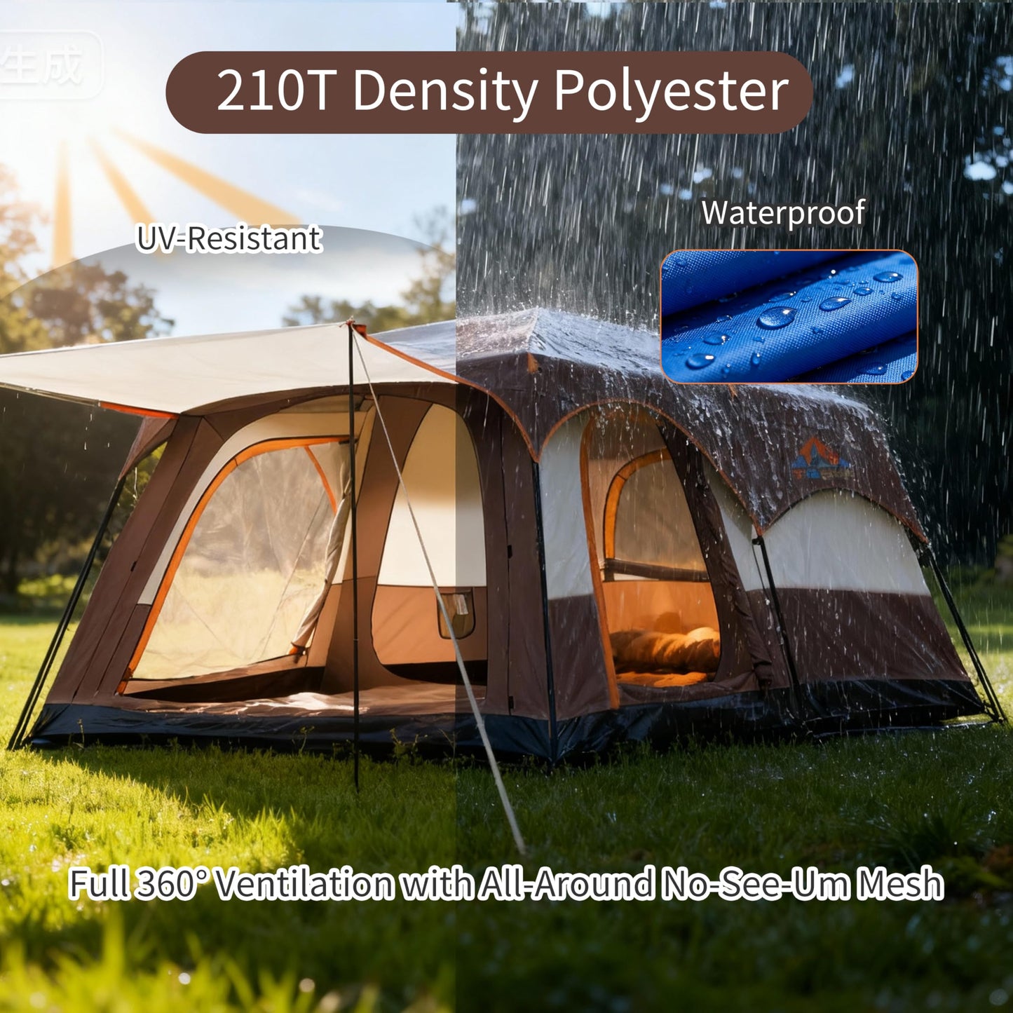 TGpao Large Family Camping Tent, 4-6 Person Multi-Room Waterproof Tent with Screened Porch,Glamping Tent for Camping with Lightning Protection (Coffee,4-6 People)
