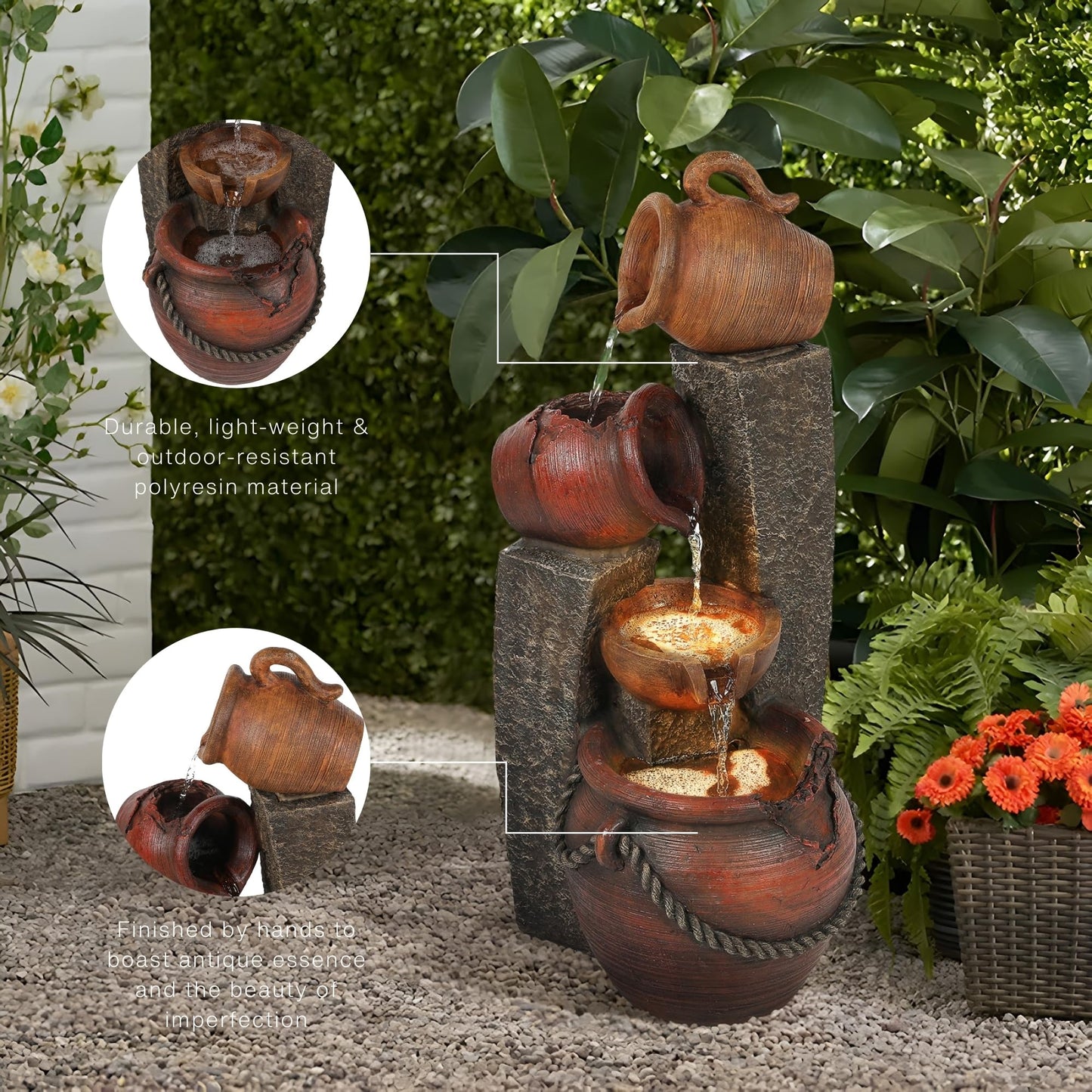 LuxenHome Outdoor Water Fountain, 32 Inch Farmhouse Water Fountain Outdoor with Lights, Cascading Pitchers Po Indoor and Outdoor Fountains and Waterfalls, Garden Water Feature Decor