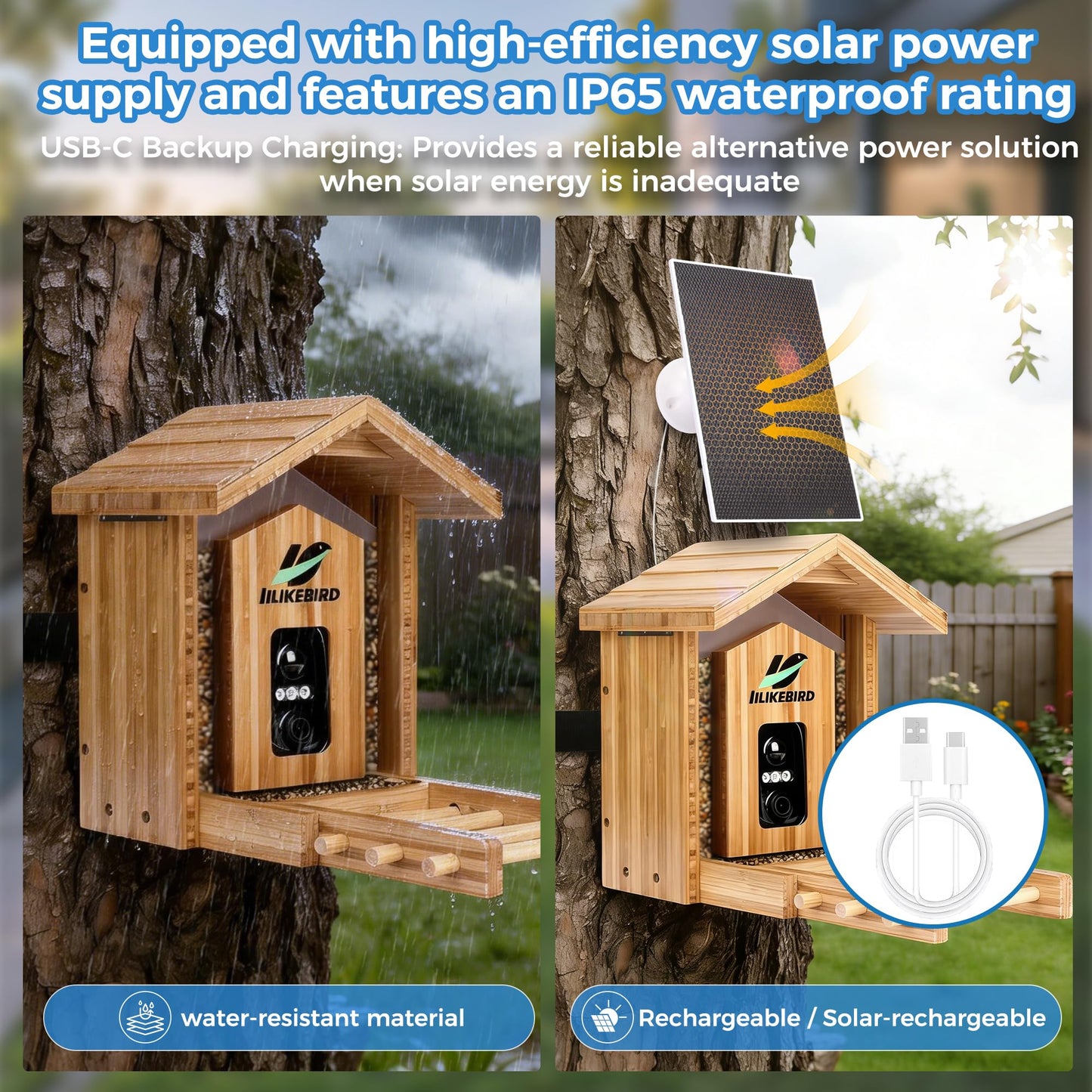 Bamboo Smart Bird Feeder with 4K Camera, AI Bird Identification 10000+ Species, Solar Powered & USB-C Charging, IP65 Weatherproof, 1.25L Speed Capacity for Outdoor Garden (Wall Mount/Pole) (Large)