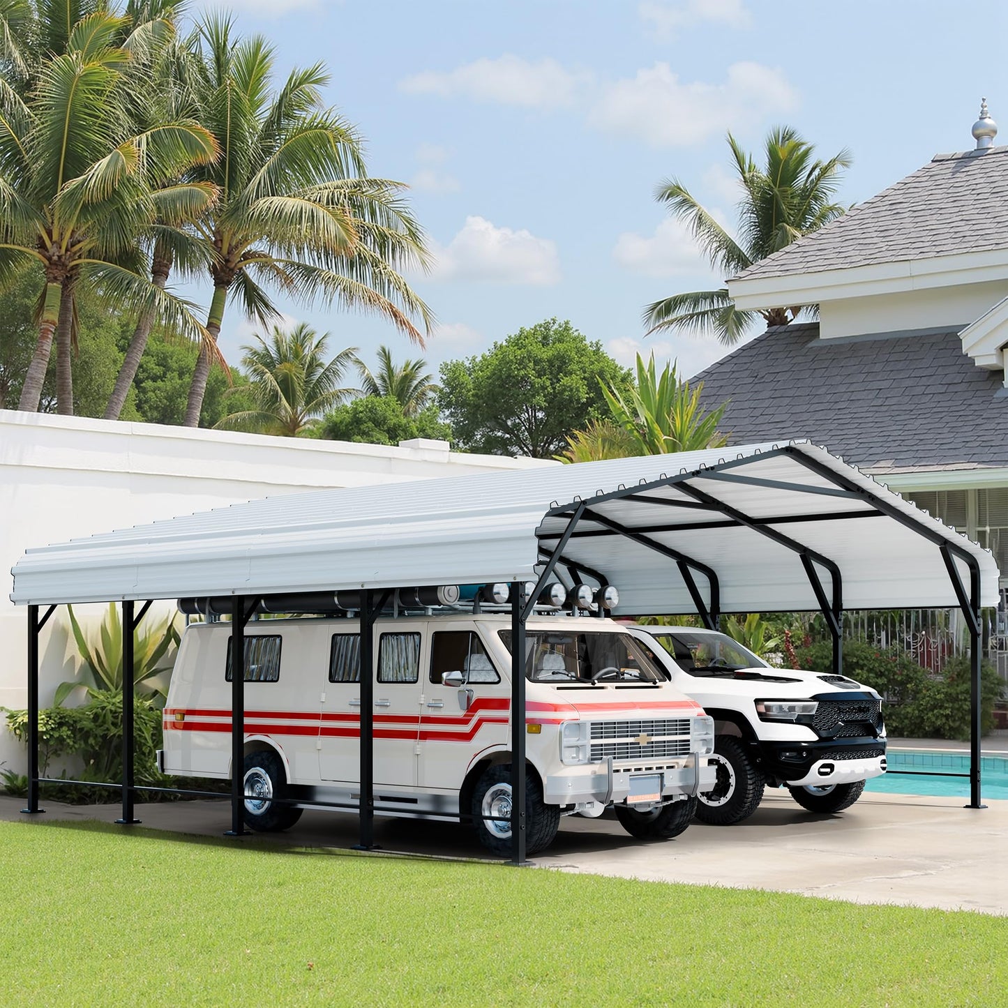 Shintenchi 20x20 FT Metal Carport, Oversized Carport Garage with Enhanced Base, Outdoor Galvanized Car Shelter, Heavy Duty Carports Canopy, for Car, Boats and Tractors, White