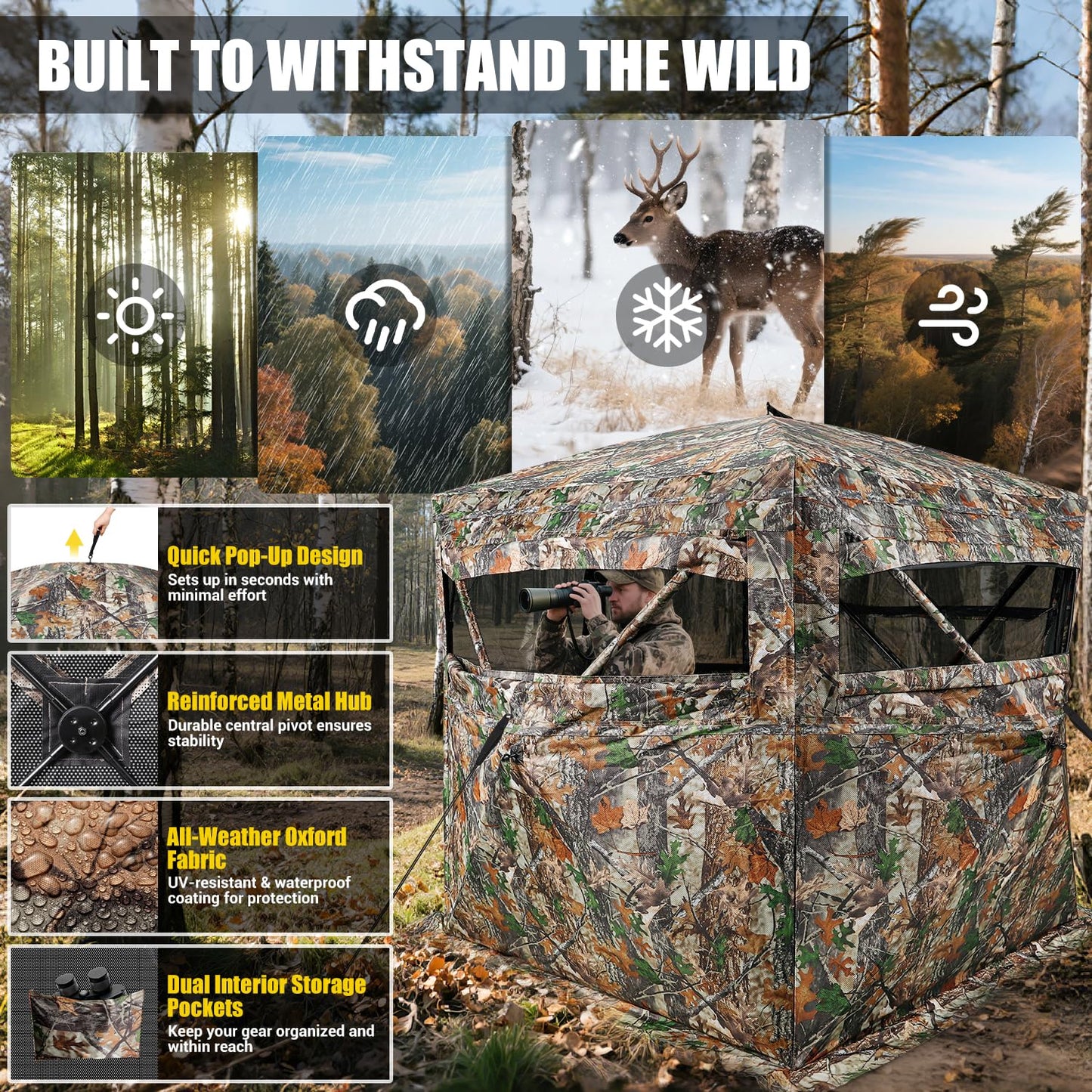 TYRSEN Hunting Blind with Magnetic Full Open Large Door & Silent Windows, 360° See Through Pop Up Ground Blind for 3-4 Person, Tent for Deer Turkey Hunting, Waterproof, Camo, Portable, Carry Bag