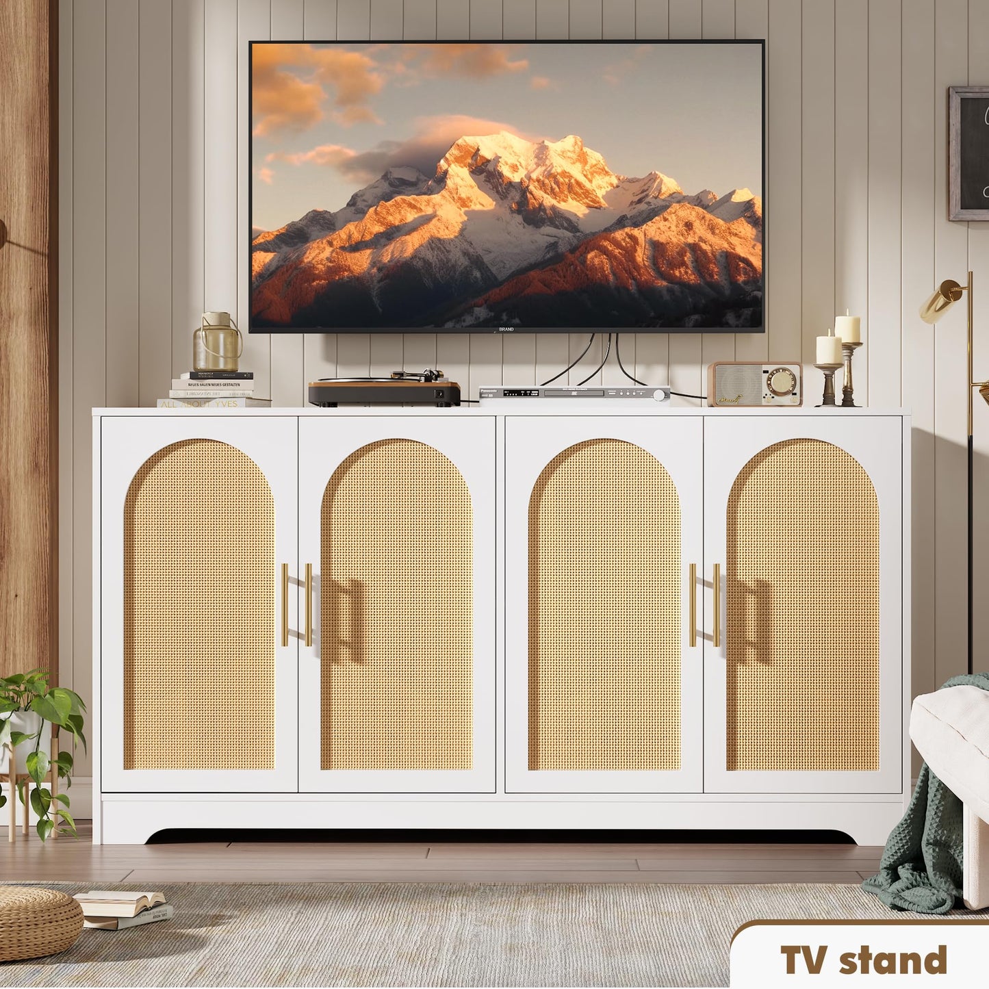 GarveeHome 59” Sideboard Buffet Cabinet - Large Credenza Storage with 4 Rattan Doors, Modern Console Table Accent Coffee Bar Cabinet for Living Room, Kitchen, Hallway, Dining Room, Entryway, White