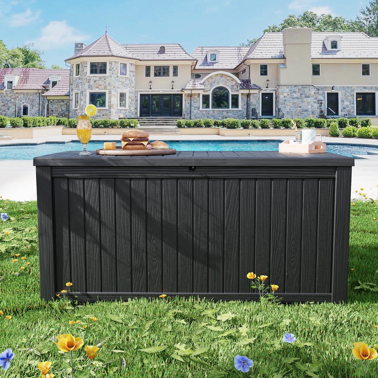 PATIOEASY Outdoor Storage Box 180GAL Waterproof Resin Deck Box,UV-Resistant Lockable Package Delivery Bin for Garden Tools,Large Patio Outside Cushions,Pool Accessories Supplies,Chest,Furniture,Black