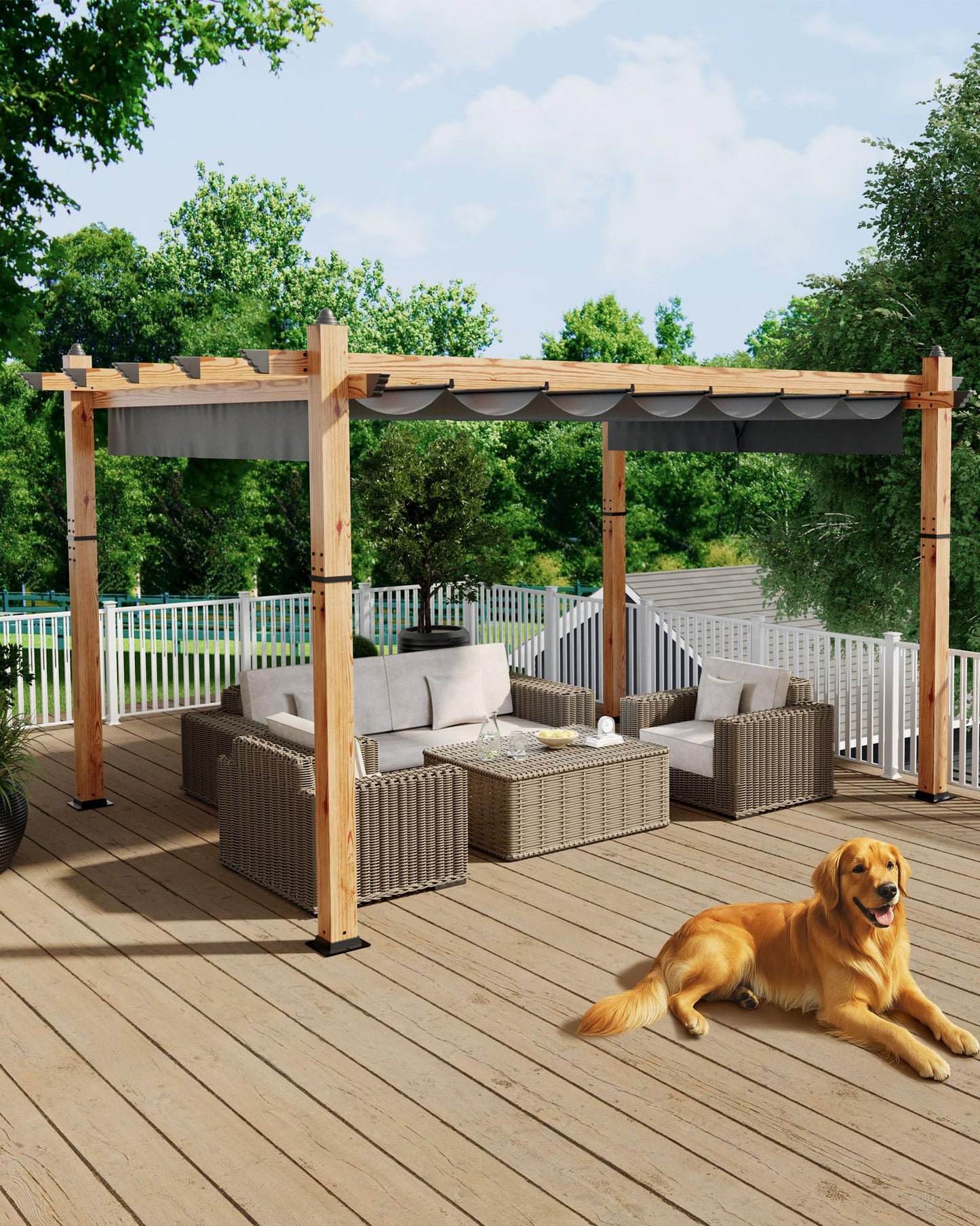 KYBOLT 10x13 Ft Outdoor Pergola with Retractable Canopy Upgraded Aluminum Imitation Wood Grain Metal Patio Pergola for Modern Backyard Deck Porch Grape Trellis(Gray)