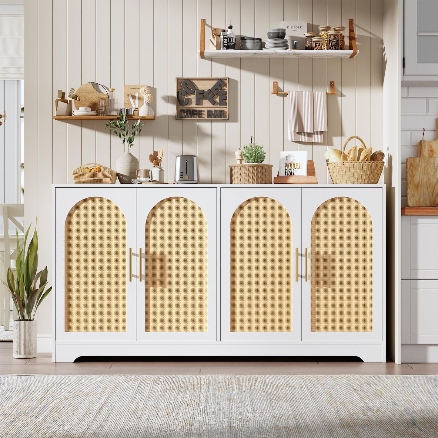 GarveeHome 59” Sideboard Buffet Cabinet - Large Credenza Storage with 4 Rattan Doors, Modern Console Table Accent Coffee Bar Cabinet for Living Room, Kitchen, Hallway, Dining Room, Entryway, White