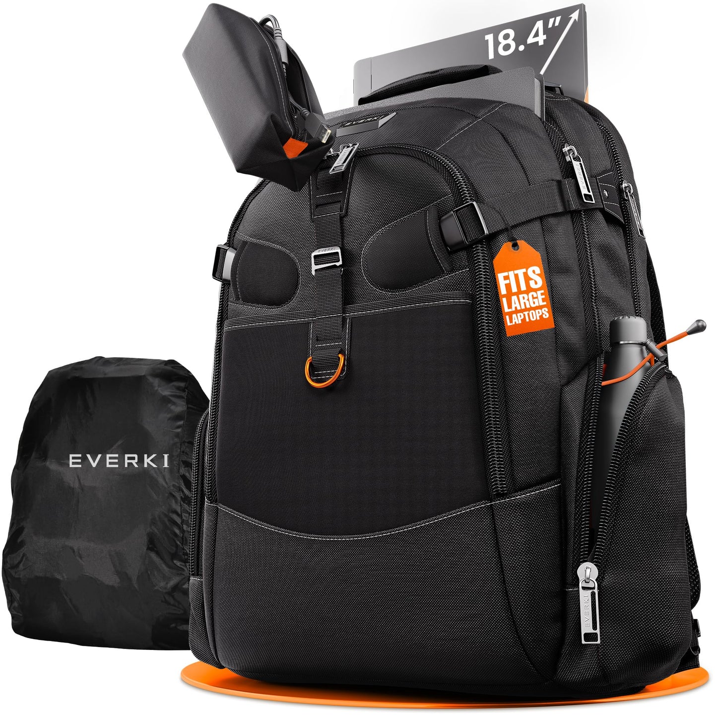 EVERKI Business 120 Laptop Backpack 40L with Rain Cover - Large Compartment Fits Up To 18.4", Travel Friendly Lightweight Business & Office Bag, 180° Fold-Out Design, Multiple Padded Pockets, Black