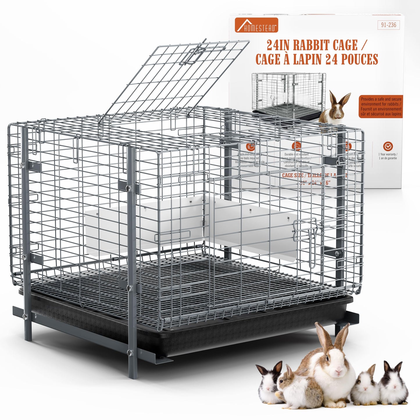 HOMESTEAD Rabbit Cage with Pull-Out Tray – 24 Inch Bunny Cage, Metal Rabbit Breeding Cage, Dual Access Doors, Waterproof Bottom & Urine Guard