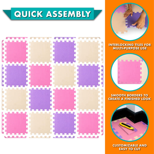 ProSource Foam Puzzle Floor Play Mat for Kids and Babies with Solid Colors, 36 or 16 Interlocking Tiles with Borders, Pink/Purple/Beige