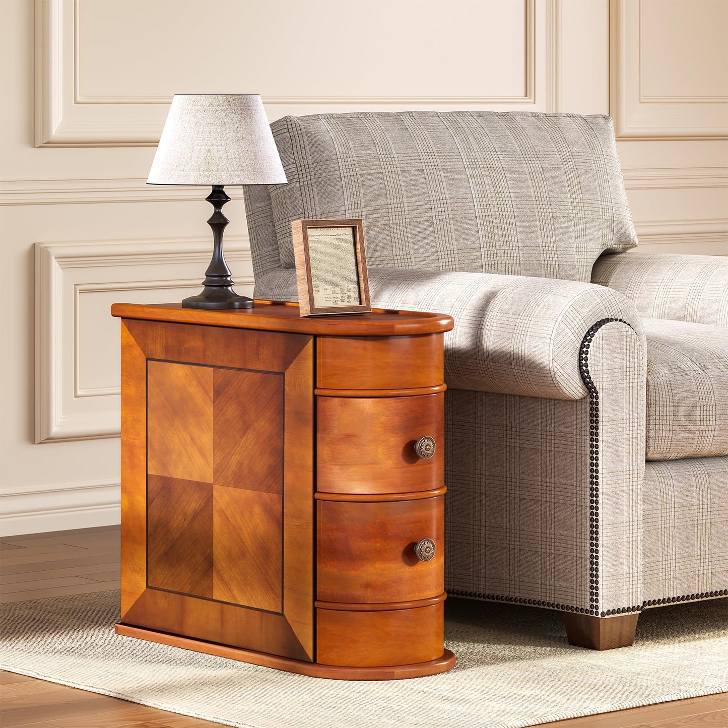 LITTLE TREE Wood End Table with 2 Drawers Sofa Side Table, No Assembly Required Vintage Slim Nightstand Bedside Table for Bedroom