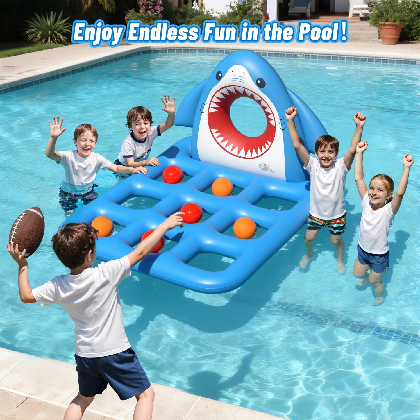 JOSEN Inflatable Pool Toy Set, Fun 2-in-1 Shark Pool Water Games Floating, Giant Tic Tac Toe Game with 10 Balls & Football - Family Pool Party Swimming Toys for Kids Ages 6+ Adults Teens