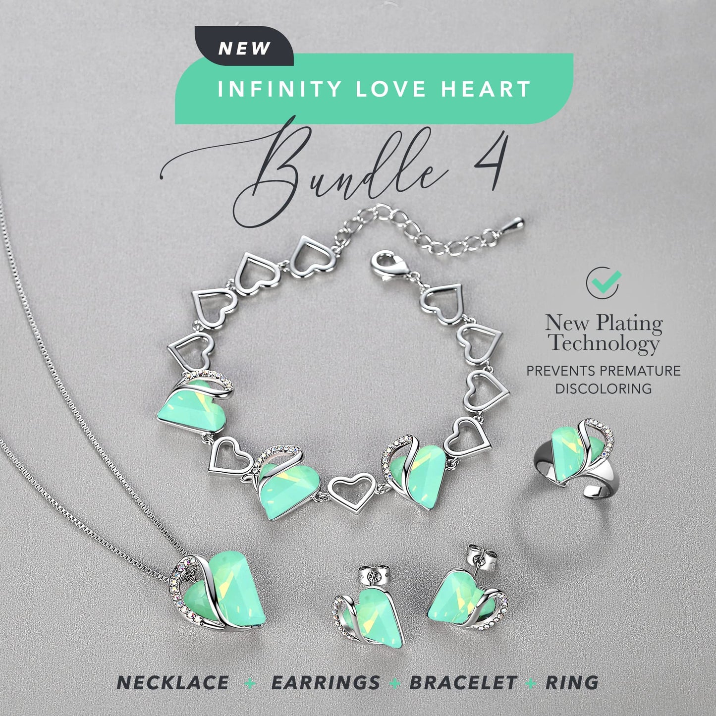 Leafael Infinity Love Heart Necklace, Stud Earrings, Bracelet, and Ring Set, Healing Stone for Luck Crystal Jewelry, Silver Tone Gifts for Women, Opal Green